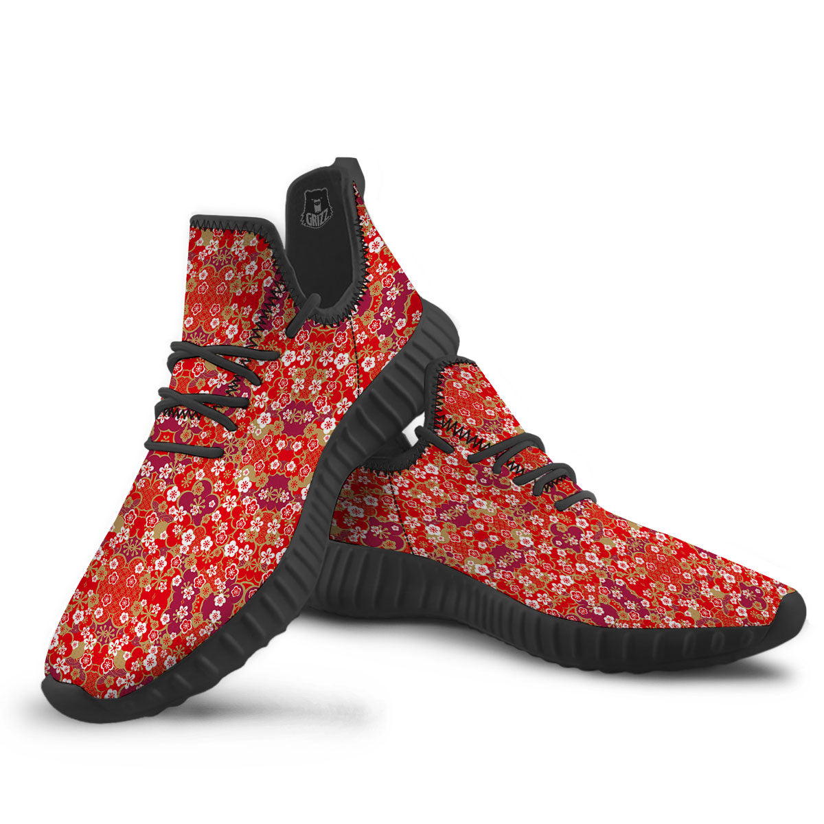 Kimono Flower Print Pattern Black Walking Shoes-grizzshop