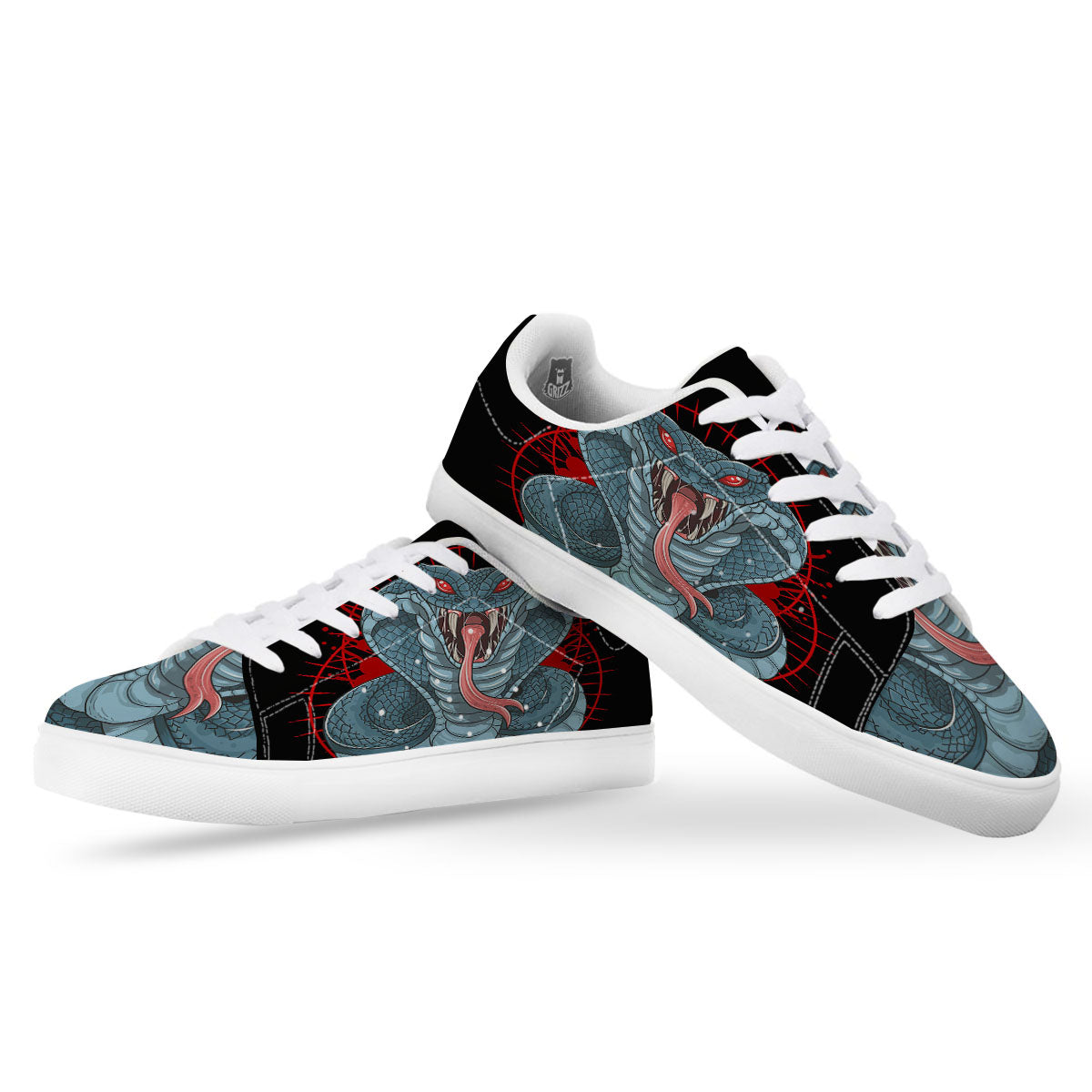 King Cobra Body Blue Print White Low Top Sneakers-grizzshop