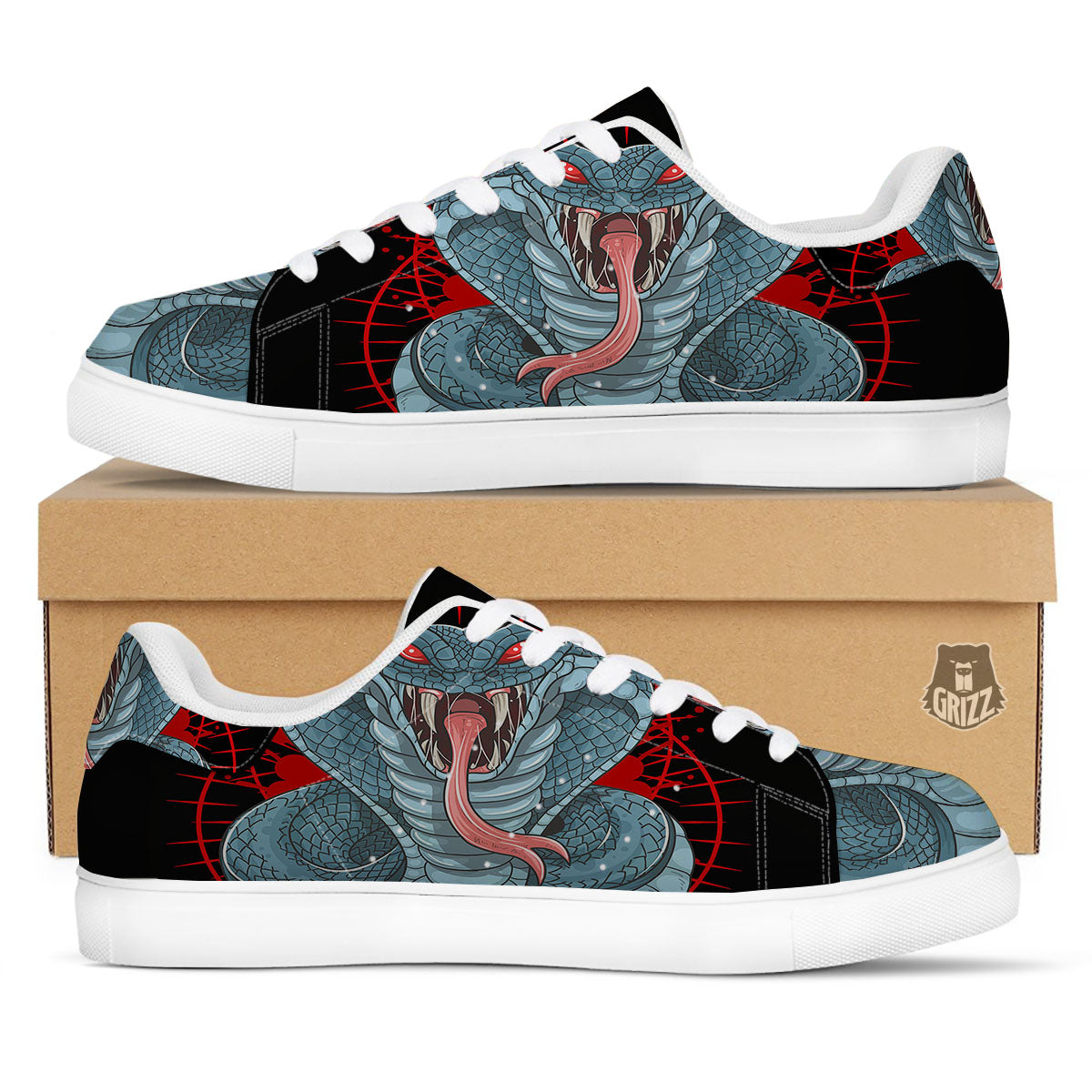 King Cobra Body Blue Print White Low Top Sneakers-grizzshop