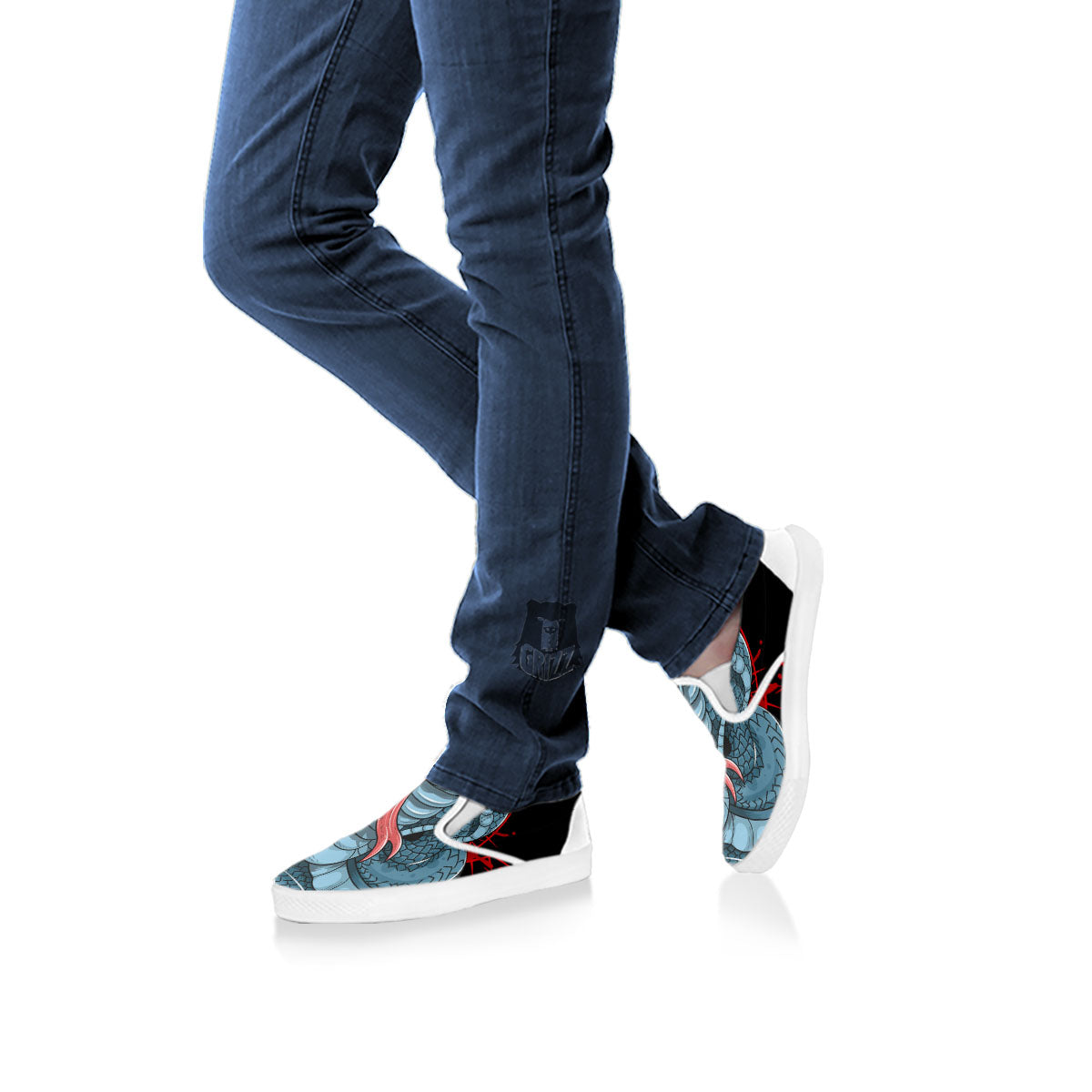 King Cobra Body Blue Print White Slip On Shoes-grizzshop