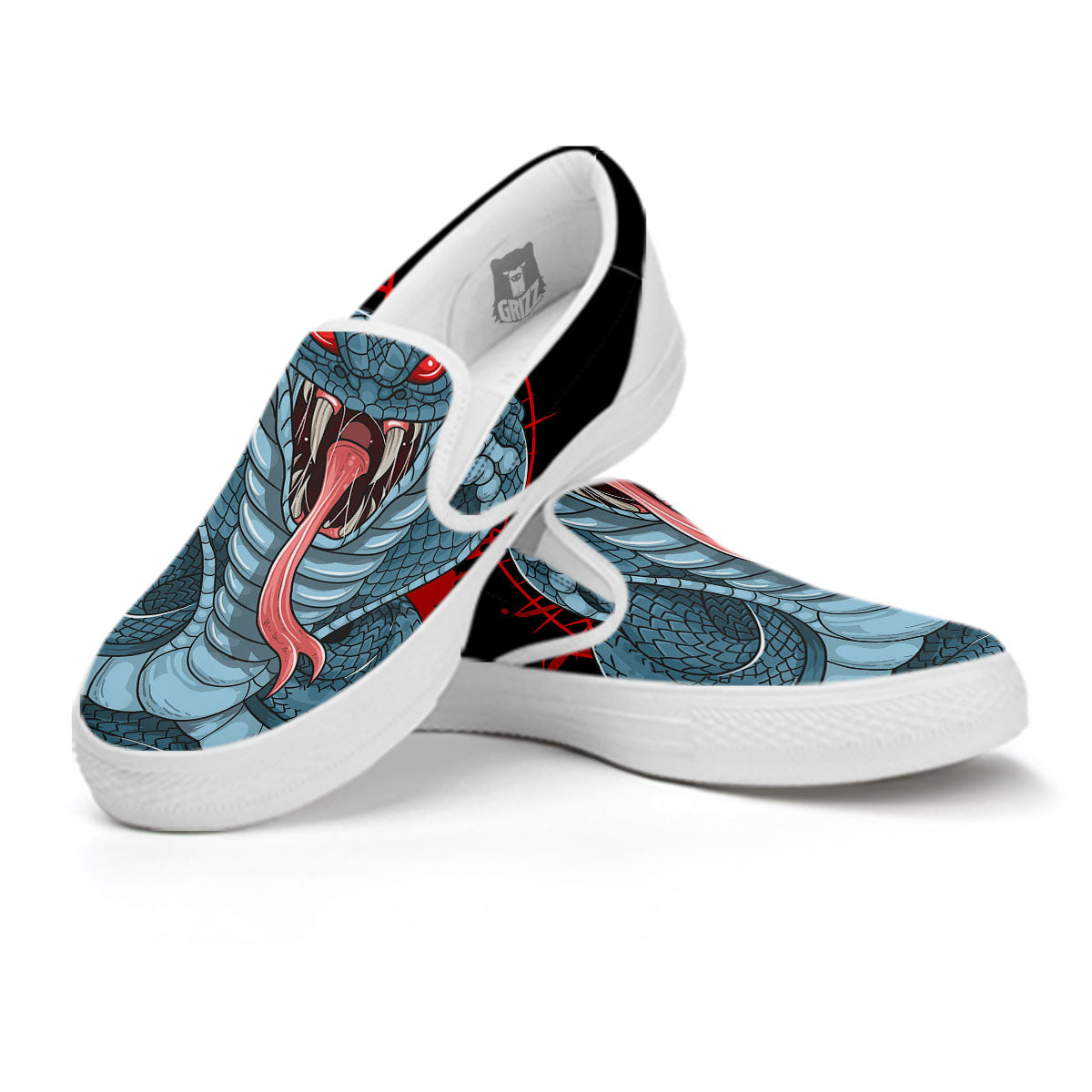 King Cobra Body Blue Print White Slip On Shoes-grizzshop