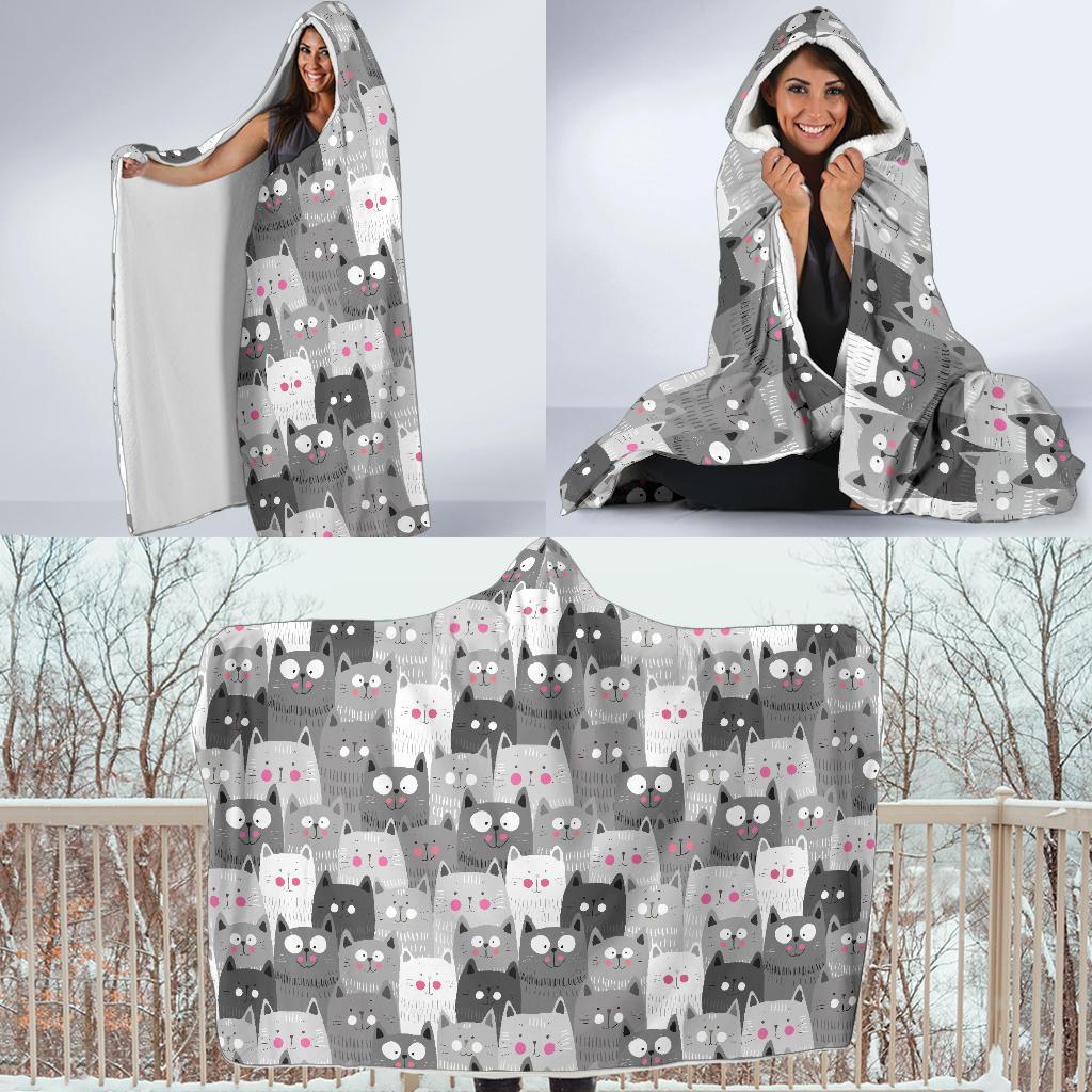 Kitten Cat Pattern Print Hooded Blanket-grizzshop