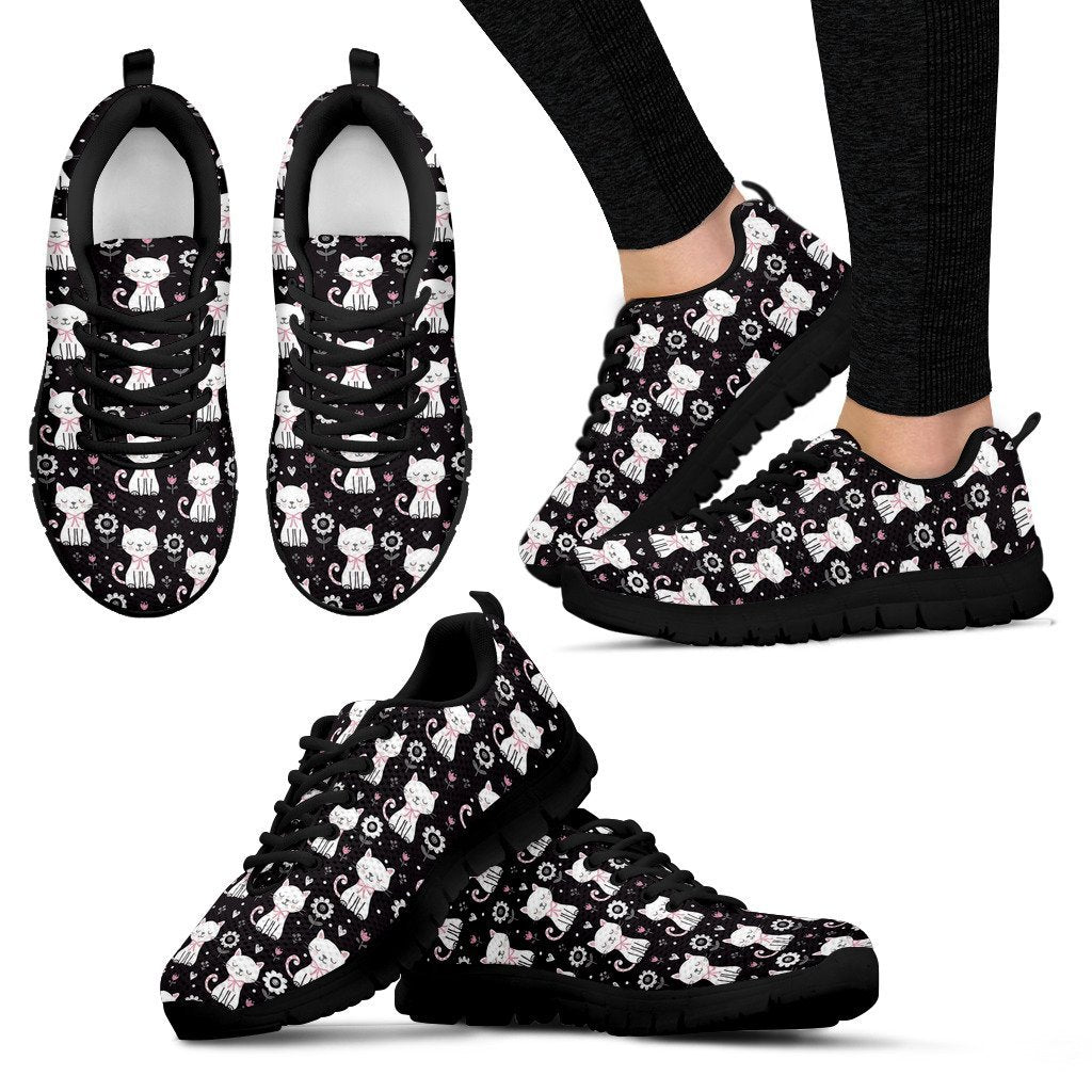 Kitten Floral Cat Pattern Print Black Sneaker Shoes For Men Women-grizzshop