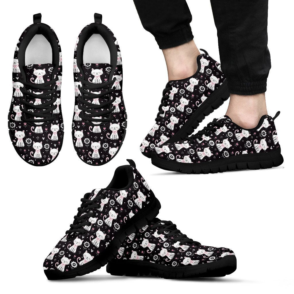 Kitten Floral Cat Pattern Print Black Sneaker Shoes For Men Women-grizzshop