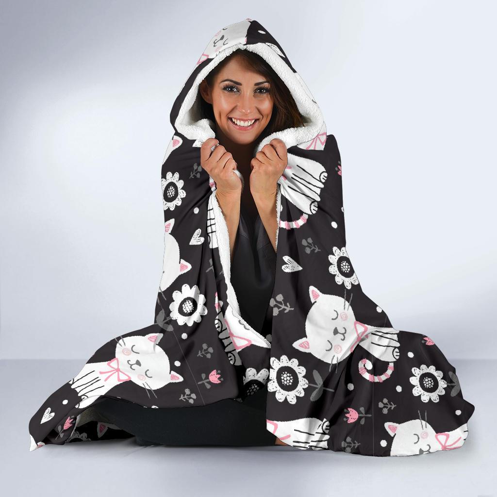 Kitten Floral Cat Pattern Print Hooded Blanket-grizzshop