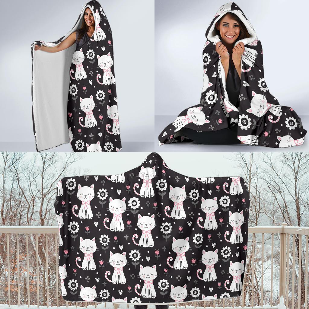 Kitten Floral Cat Pattern Print Hooded Blanket-grizzshop