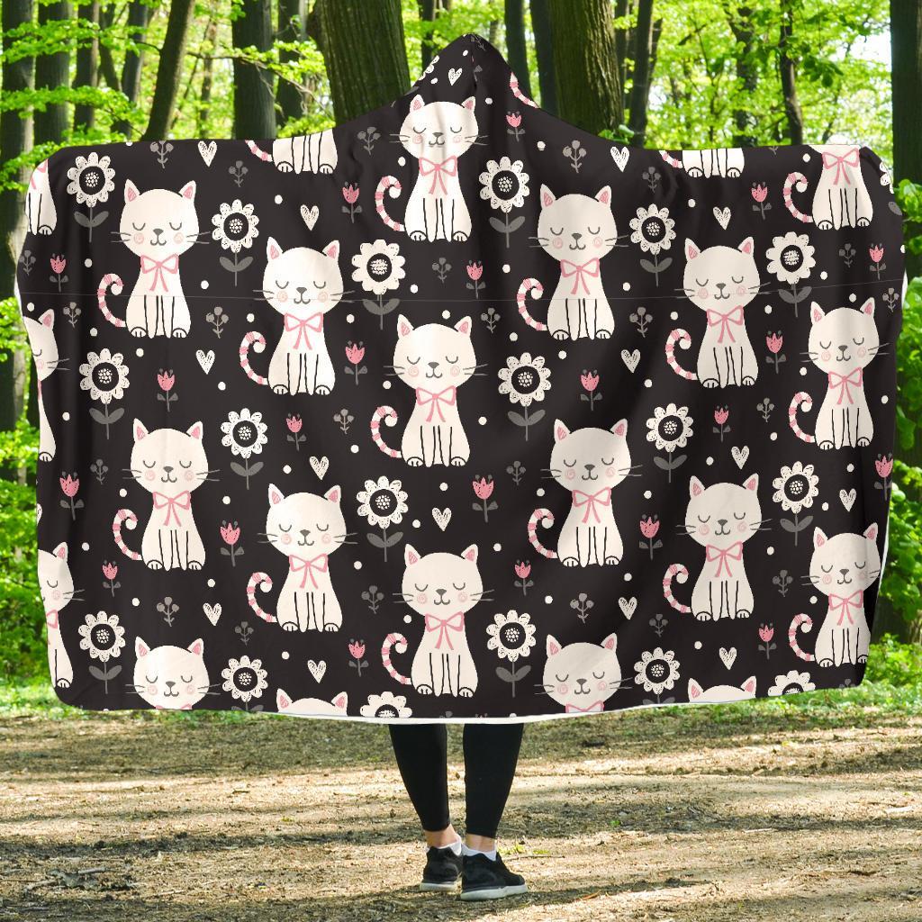 Kitten Floral Cat Pattern Print Hooded Blanket-grizzshop