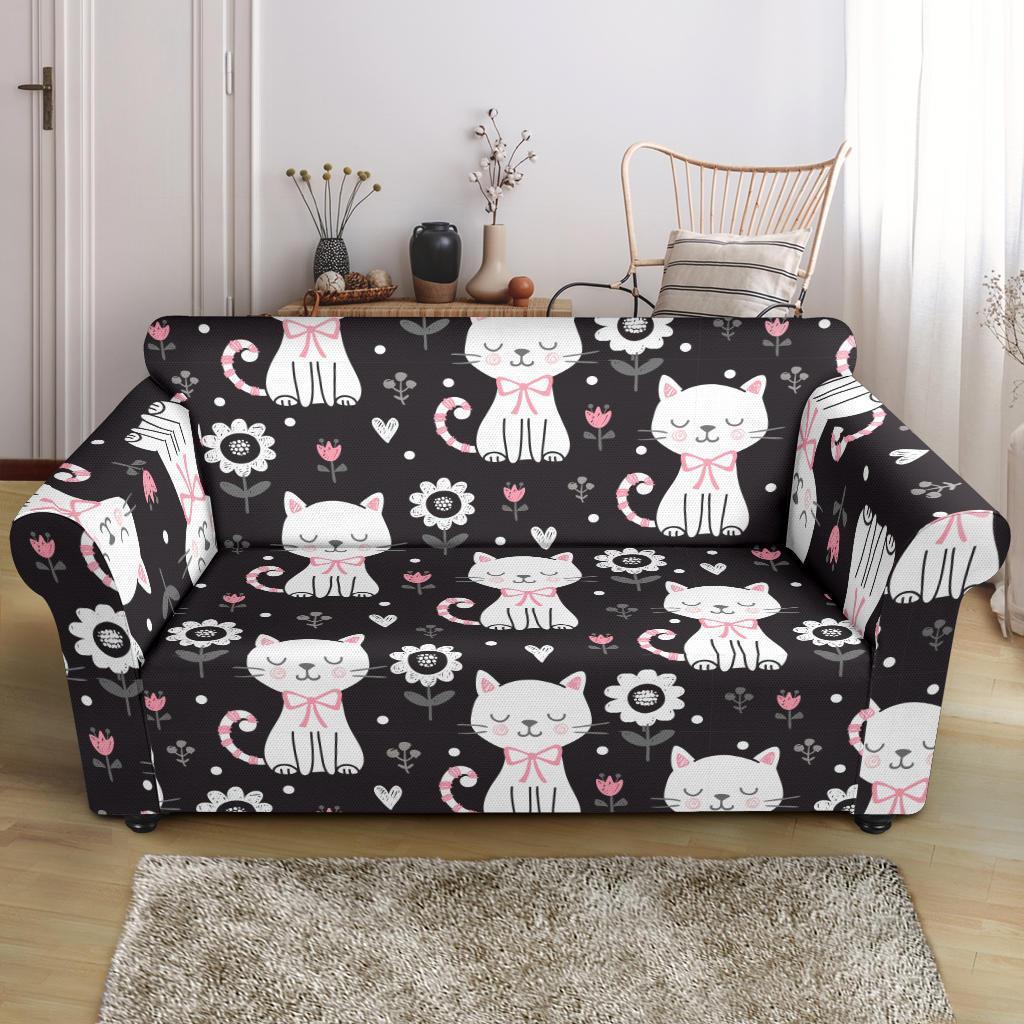 Kitten Floral Cat Pattern Print Loveseat Cover-grizzshop