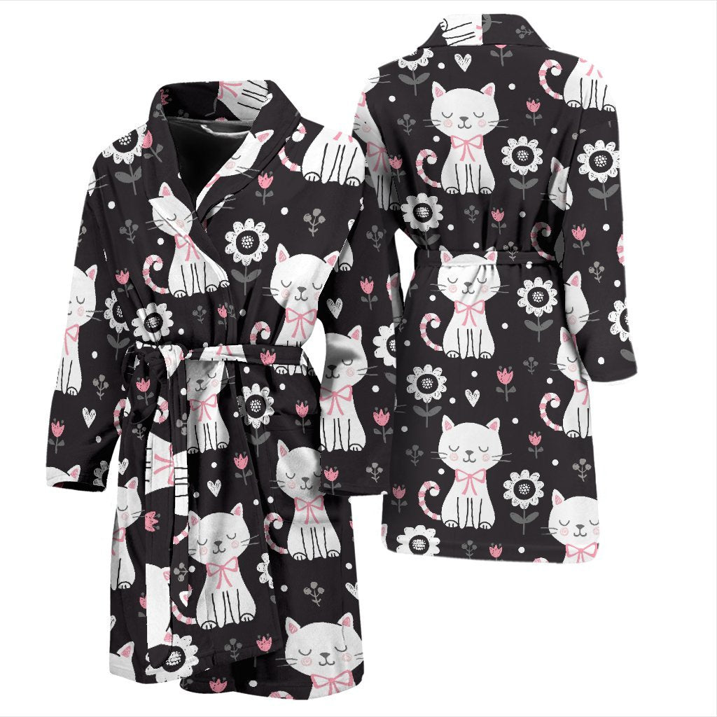 Kitten Floral Cat Pattern Print Men Long Robe-grizzshop