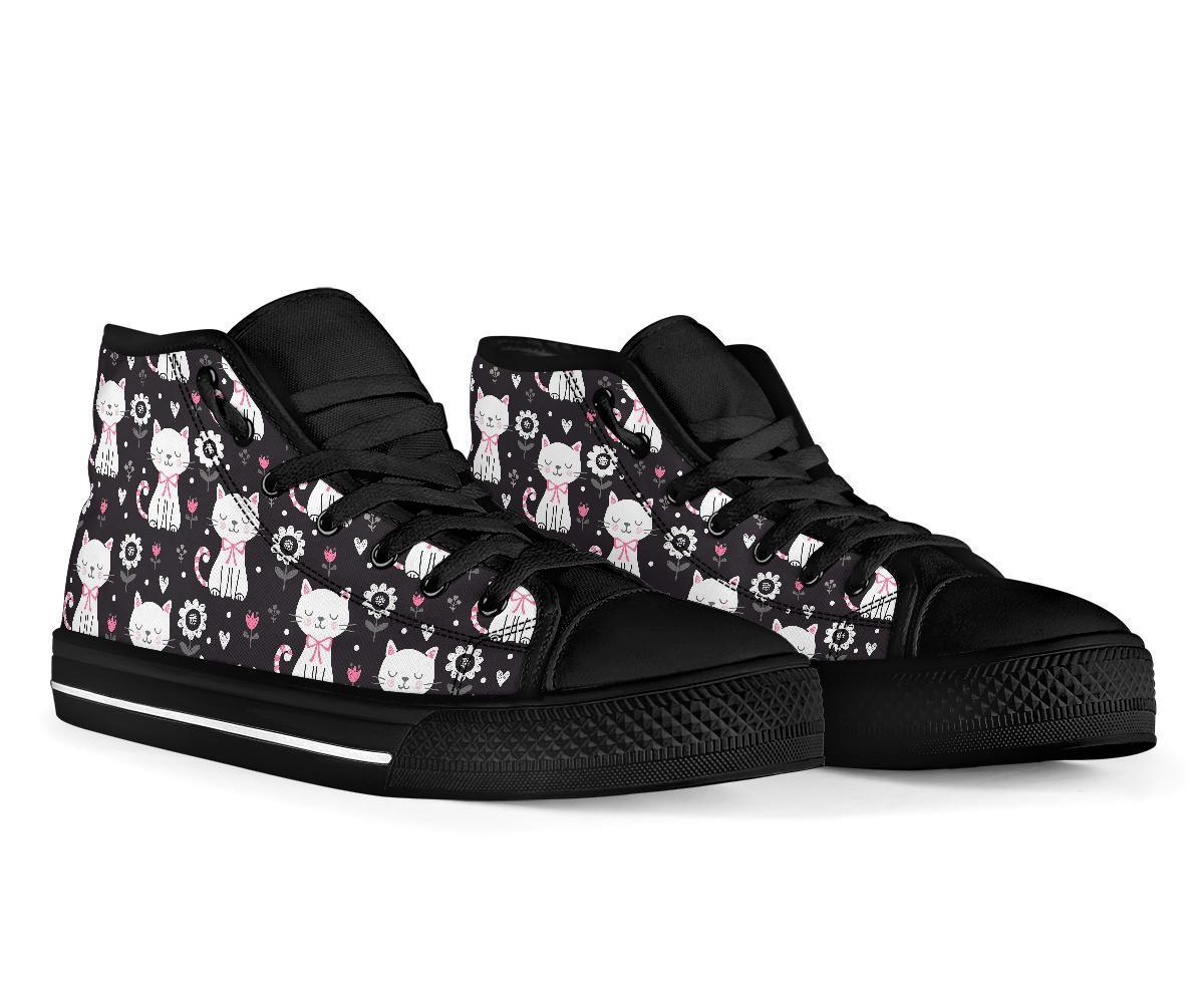 Kitten Floral Cat Pattern Print Men Women's High Top Shoes-grizzshop