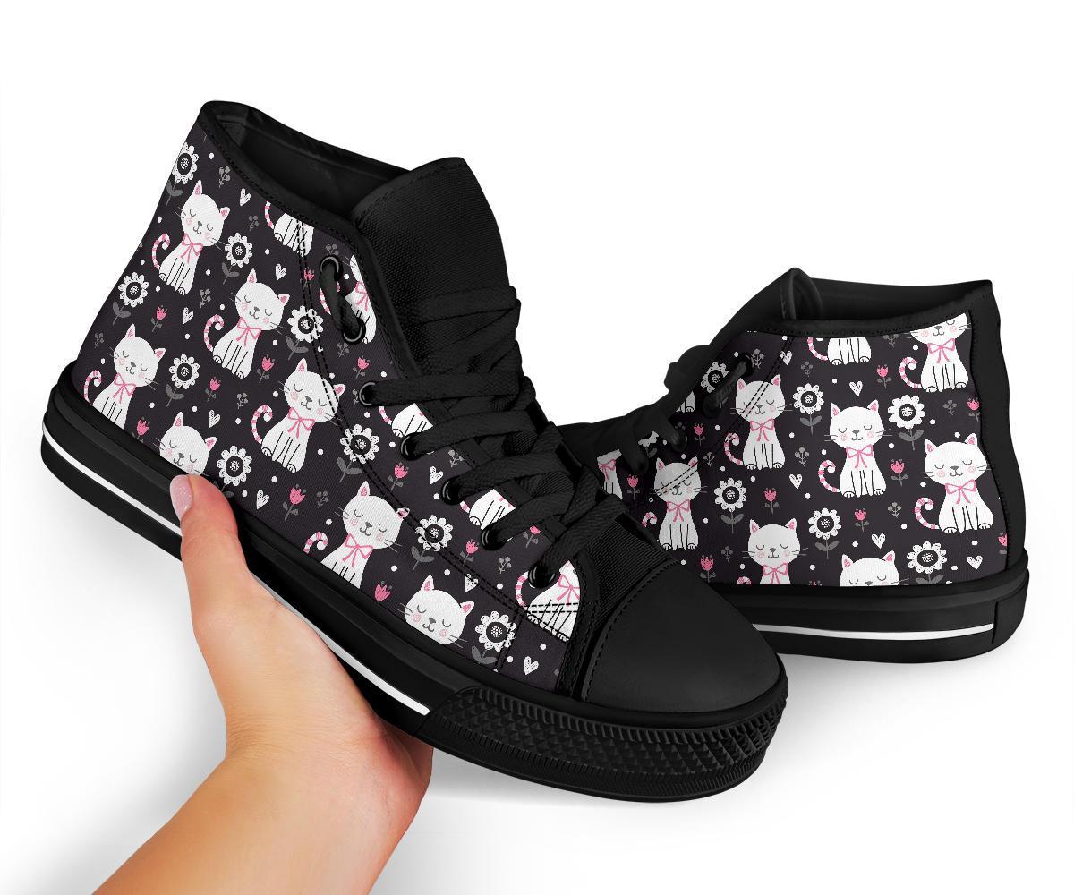 Kitten Floral Cat Pattern Print Men Women's High Top Shoes-grizzshop