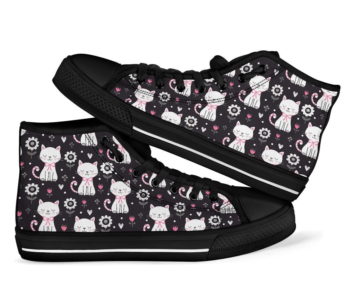 Kitten Floral Cat Pattern Print Men Women's High Top Shoes-grizzshop