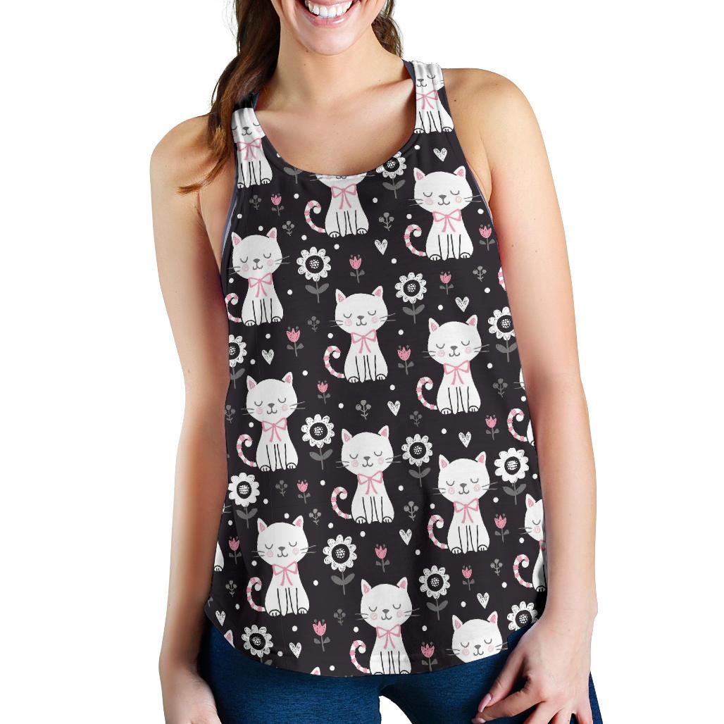 Kitten Floral Cat Pattern Print Racerback Tank Tops-grizzshop