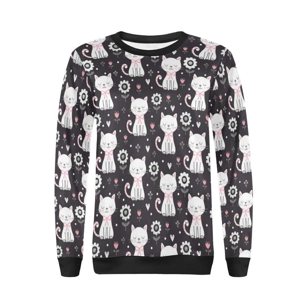 Kitten Floral Cat Pattern Print Women Crewneck Sweatshirt-grizzshop