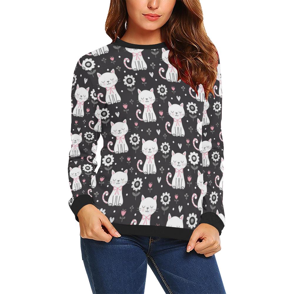 Kitten Floral Cat Pattern Print Women Crewneck Sweatshirt-grizzshop