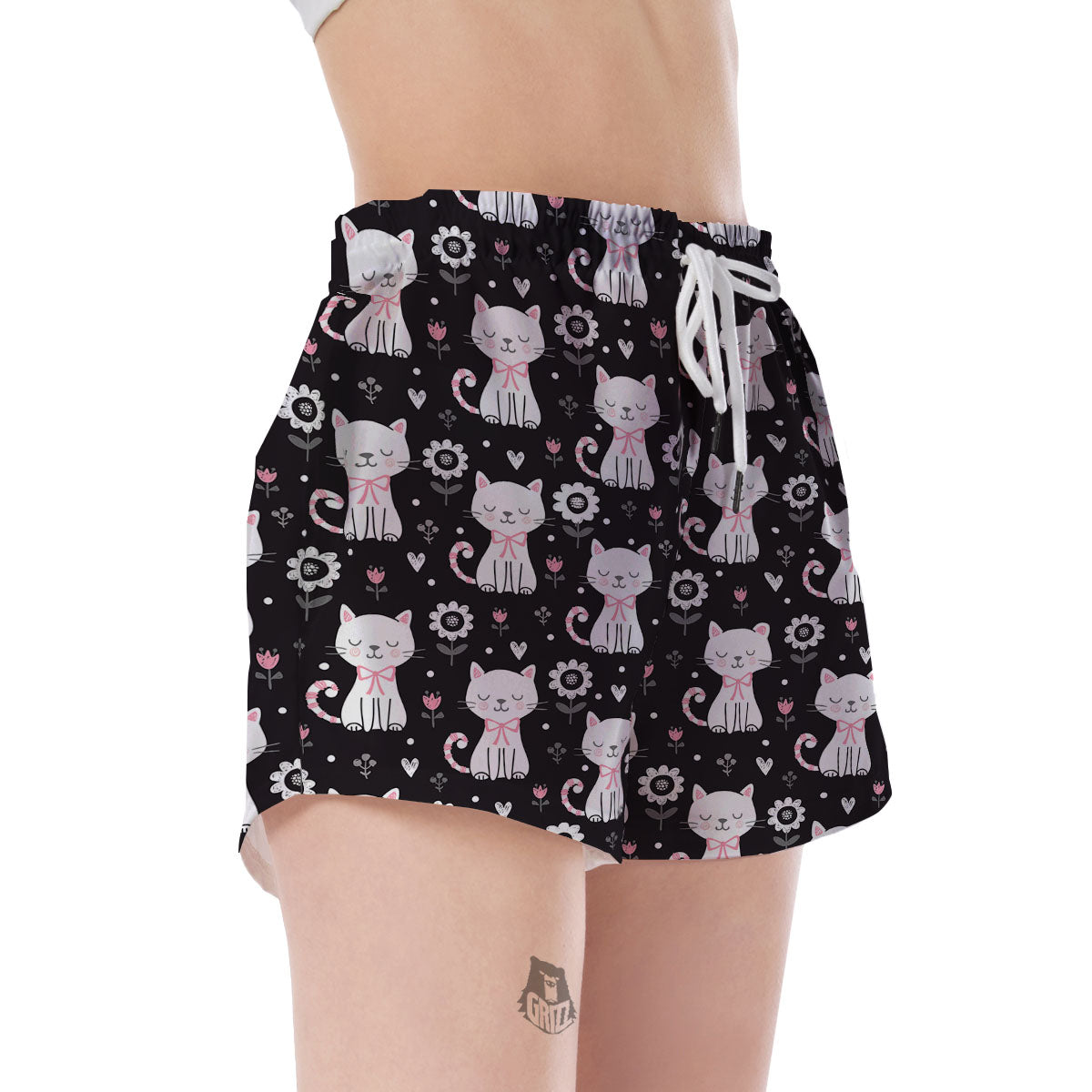 Kitten Floral Cat Pattern Print Women's Shorts-grizzshop