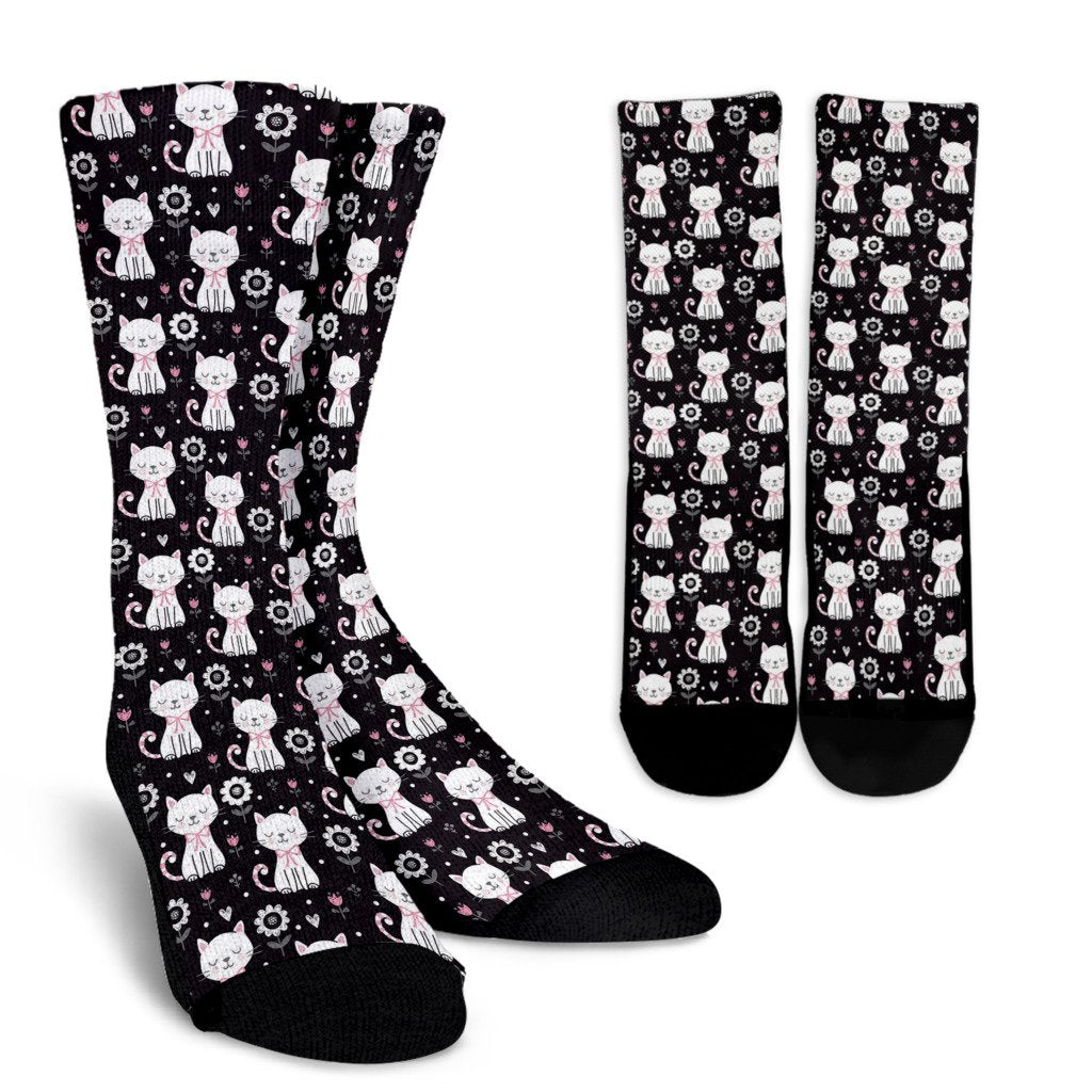 Kitten Floral Cat Pattern Print Unisex Crew Socks-grizzshop