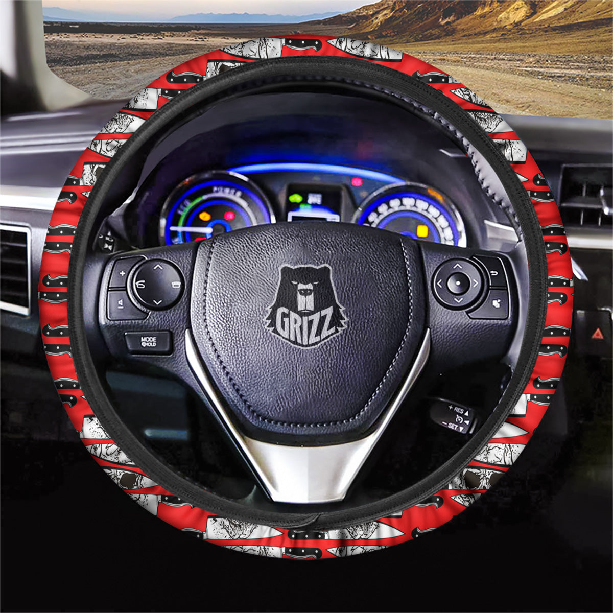 Knife And Skull Red Print Pattern Car Steering Wheel Cover-grizzshop