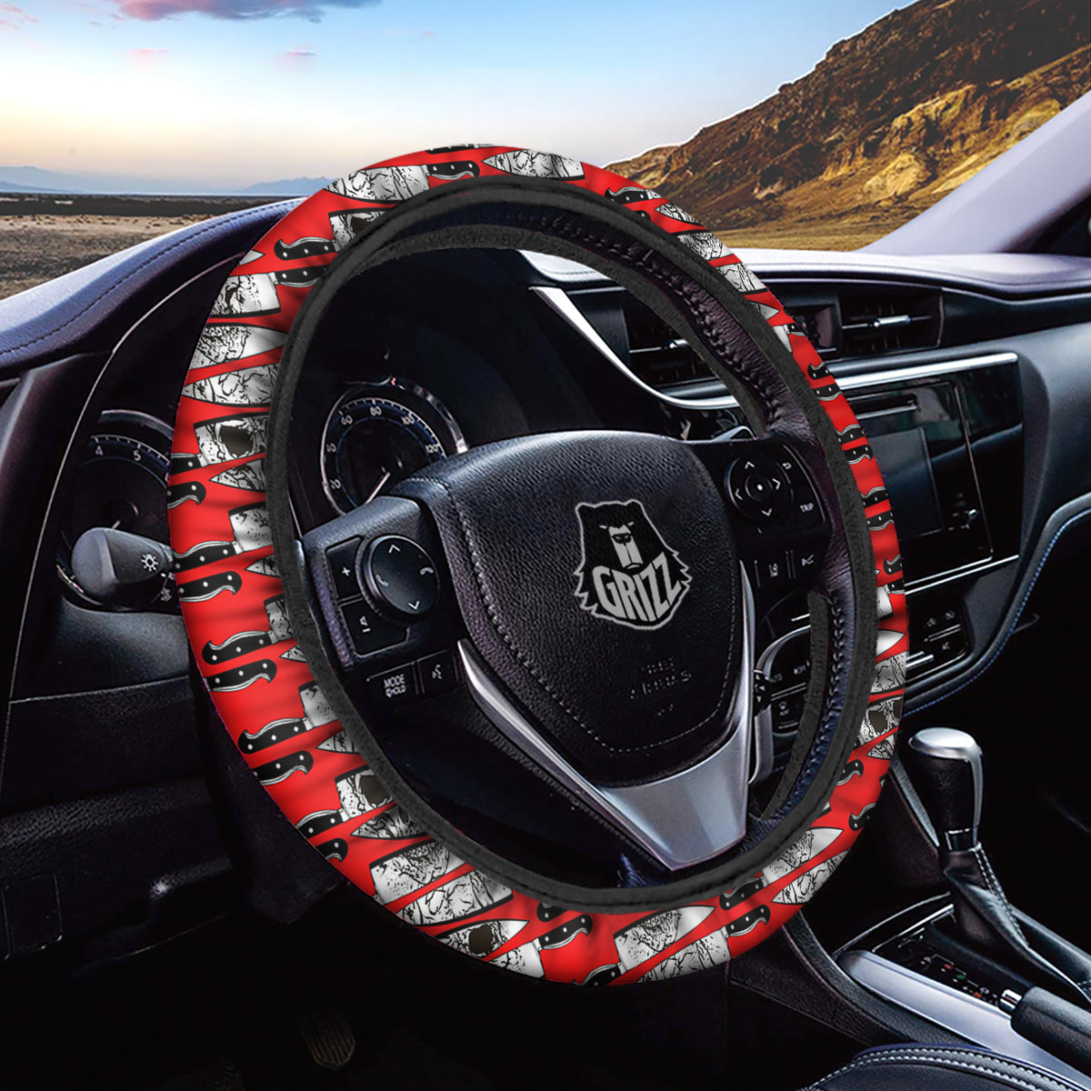 Knife And Skull Red Print Pattern Car Steering Wheel Cover-grizzshop