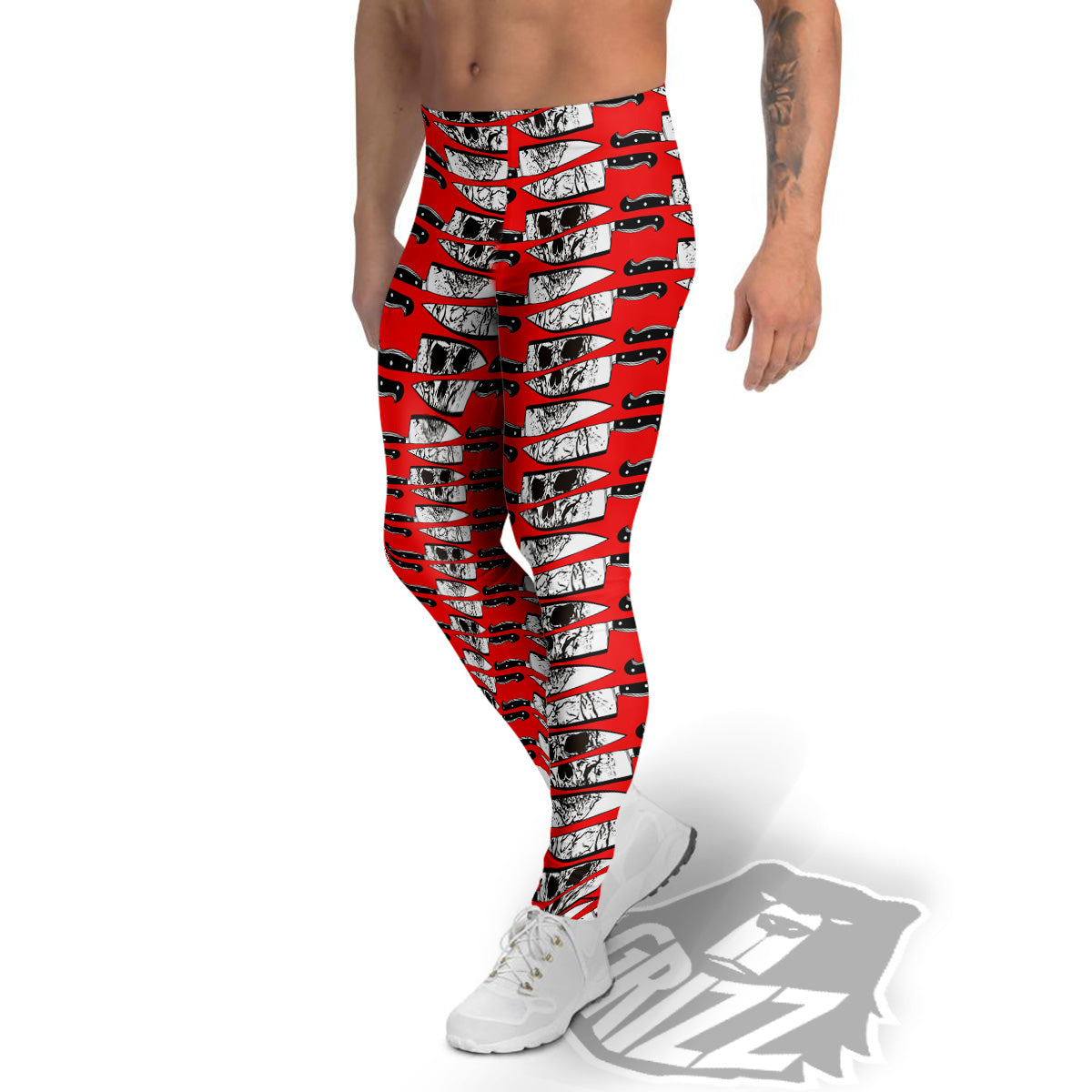 Knife And Skull Red Print Pattern Men's Leggings-grizzshop