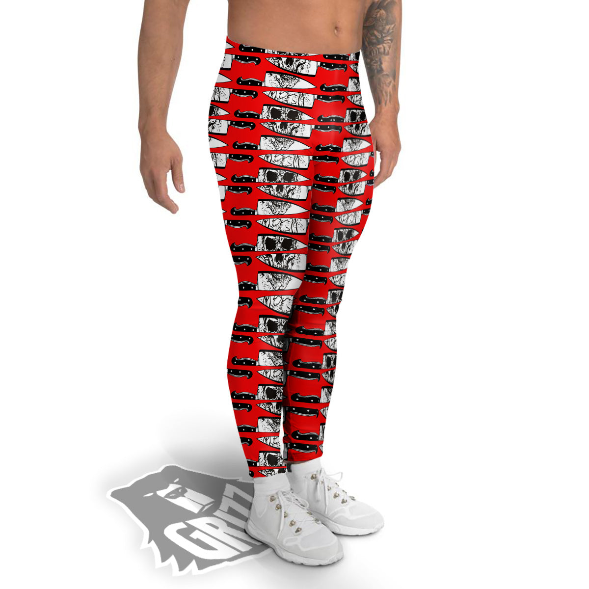 Knife And Skull Red Print Pattern Men's Leggings-grizzshop