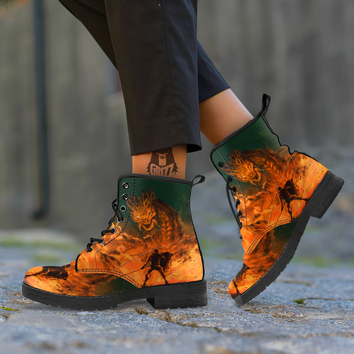 Knight Fight With Dragon Print Leather Boots-grizzshop
