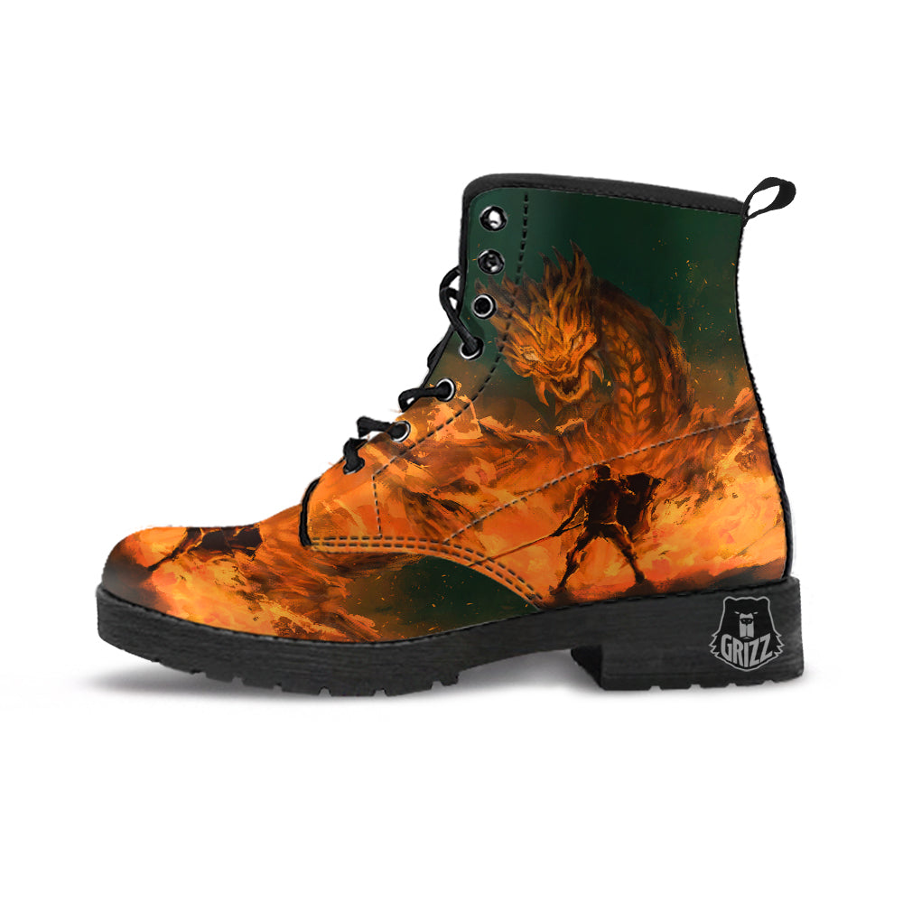 Knight Fight With Dragon Print Leather Boots-grizzshop