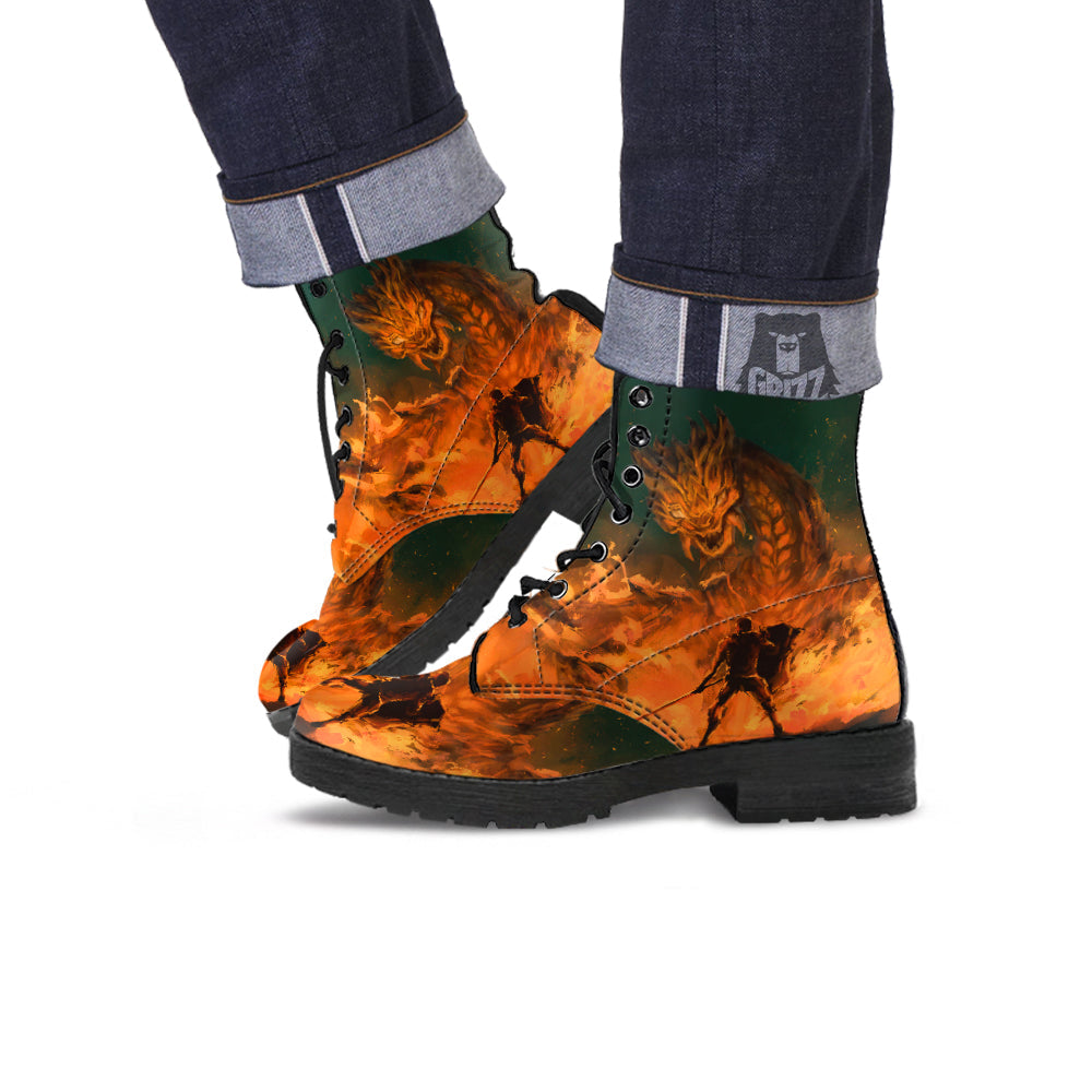 Knight Fight With Dragon Print Leather Boots-grizzshop