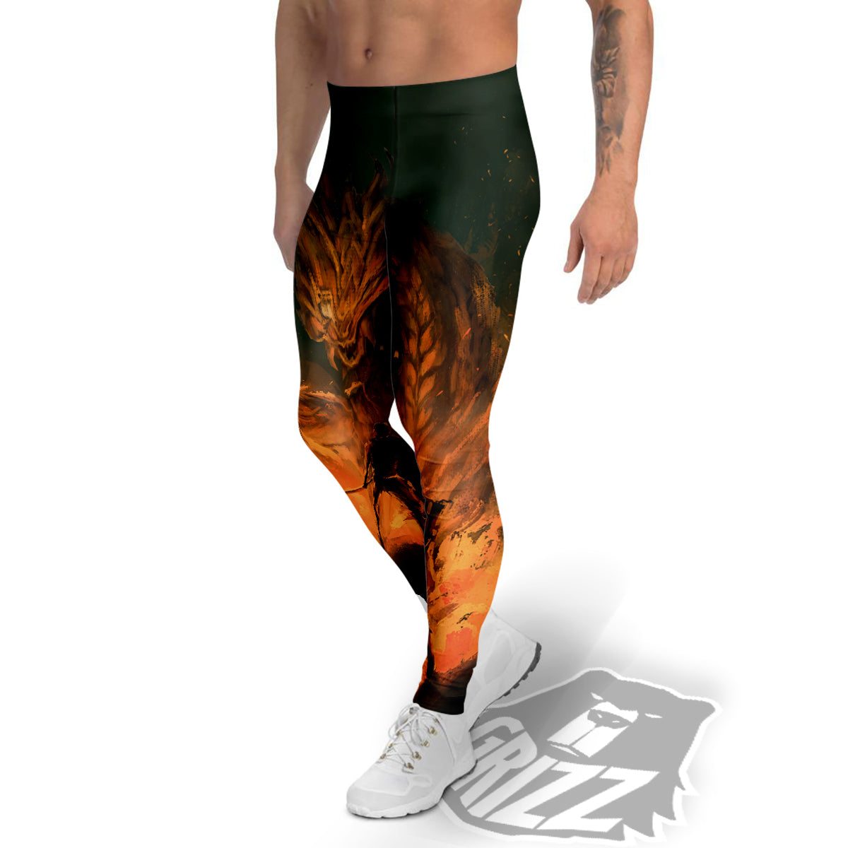 Knight Fight With Dragon Print Men's Leggings-grizzshop