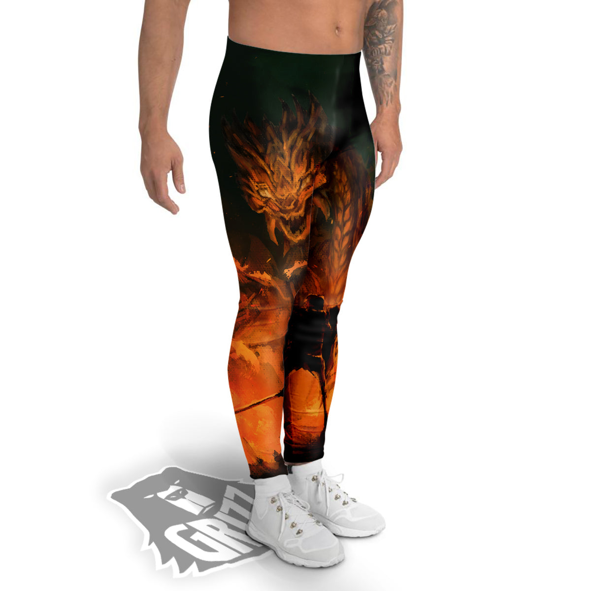 Knight Fight With Dragon Print Men's Leggings-grizzshop