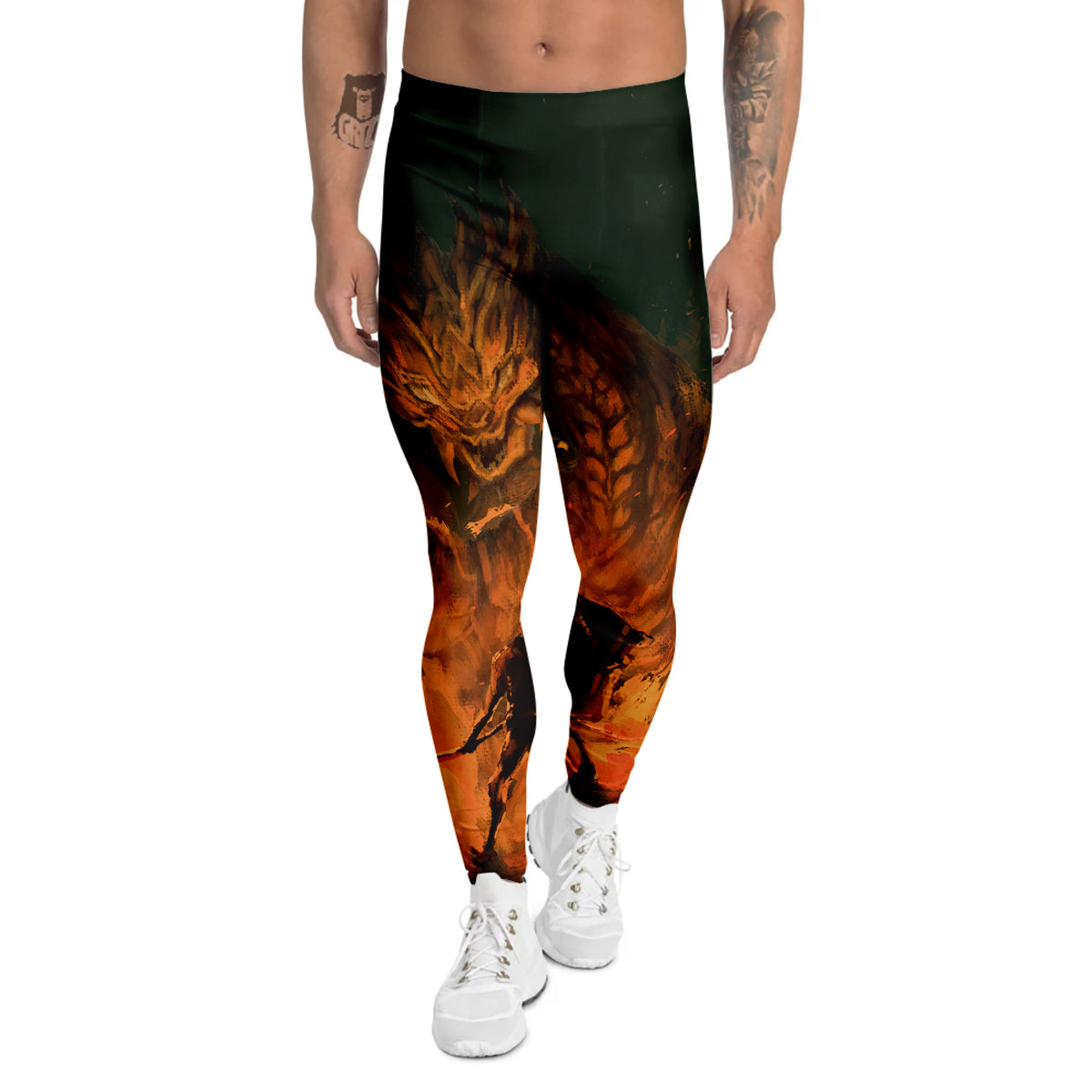 Knight Fight With Dragon Print Men's Leggings-grizzshop