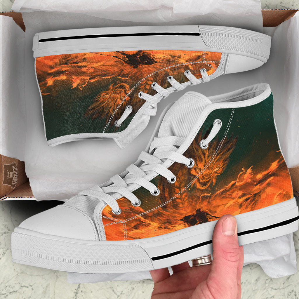 Knight Fight With Dragon Print White High Top Shoes-grizzshop