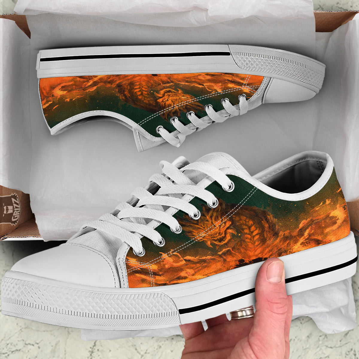 Knight Fight With Dragon Print White Low Top Shoes-grizzshop
