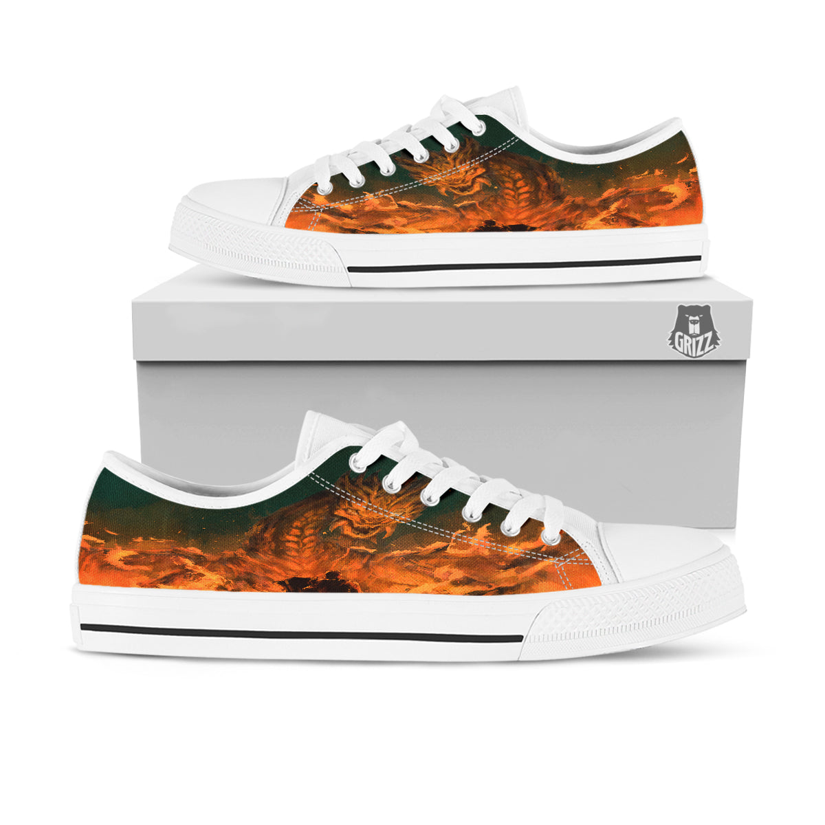 Knight Fight With Dragon Print White Low Top Shoes-grizzshop