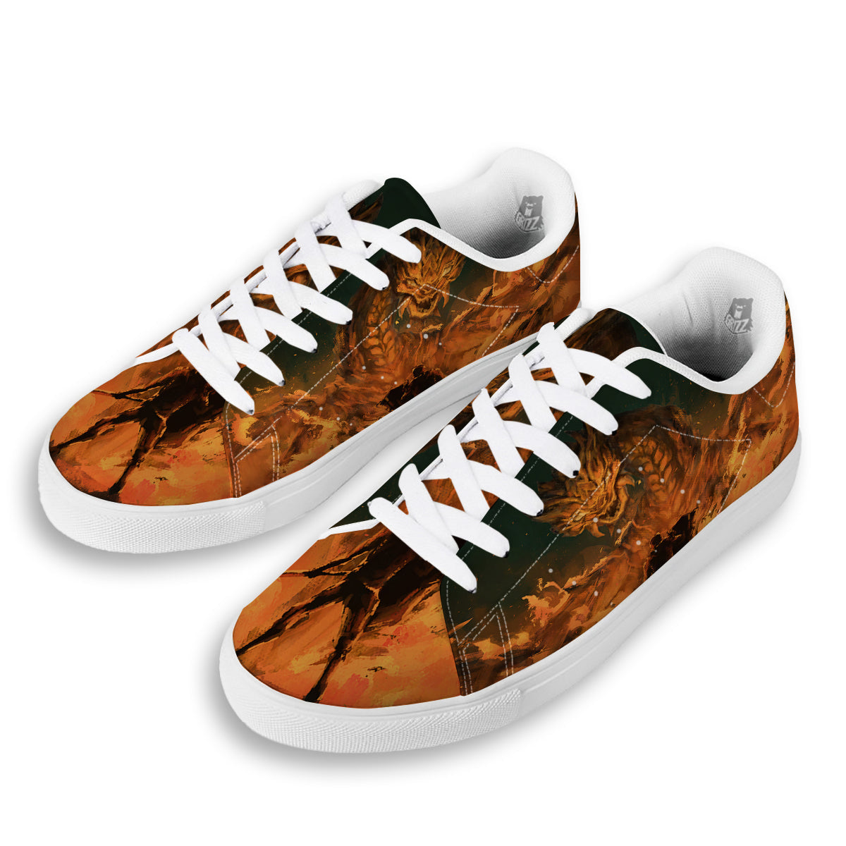 Knight Fight With Dragon Print White Low Top Sneakers-grizzshop