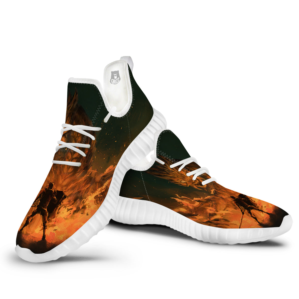 Knight Fight With Dragon Print White Walking Shoes-grizzshop