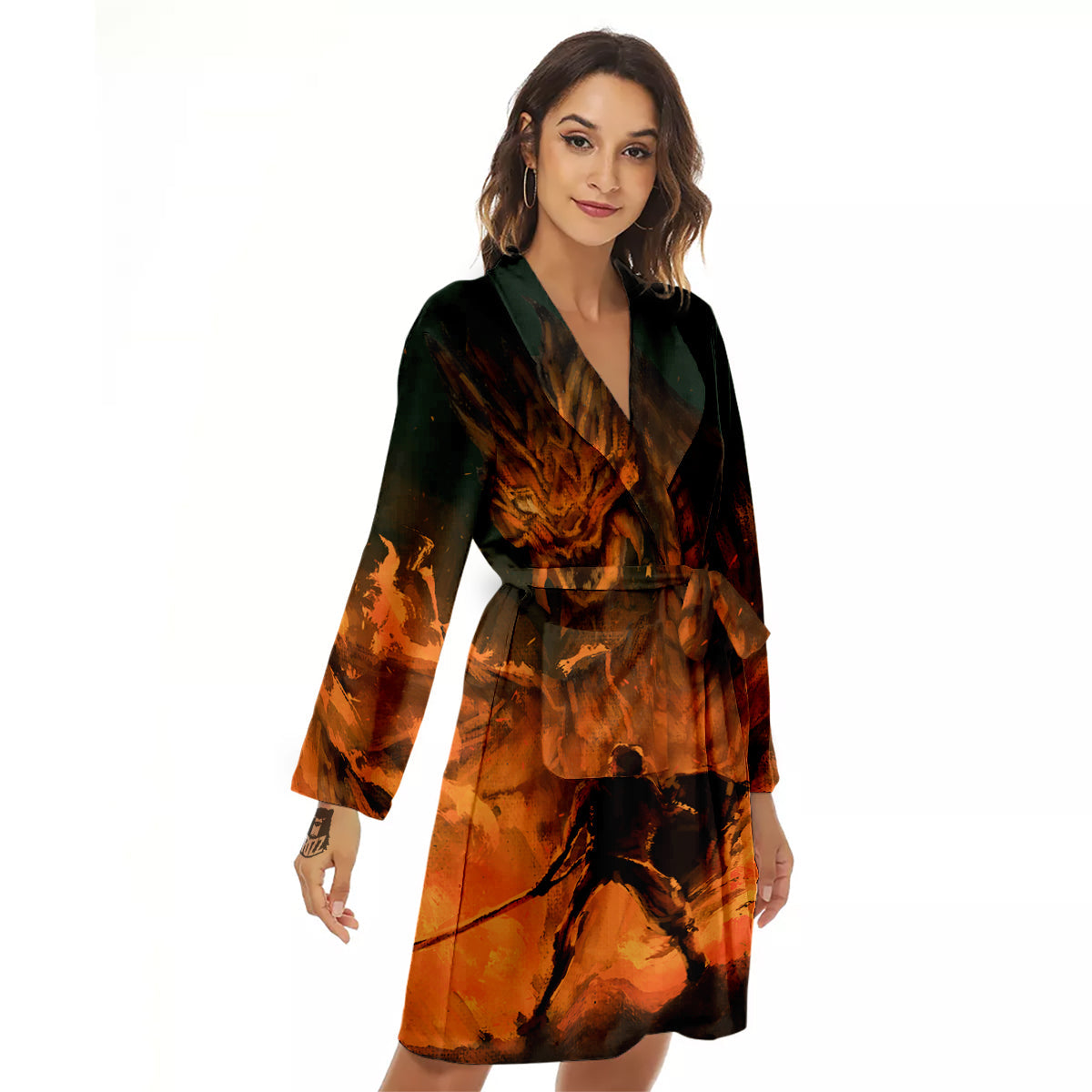 Knight Fight With Dragon Print Women's Robe-grizzshop