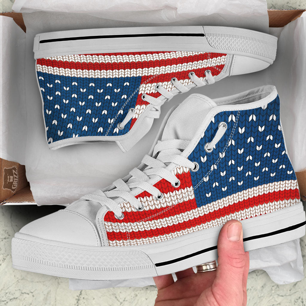 Knitted American Flag Print White High Top Shoes-grizzshop