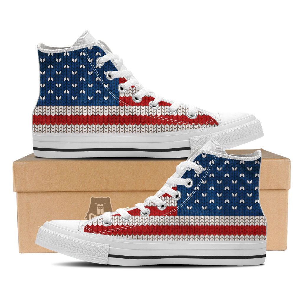 Knitted American Flag Print White High Top Shoes-grizzshop