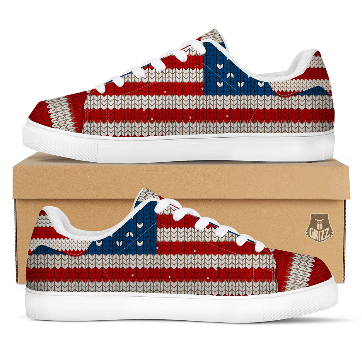 Knitted American Flag Print White Low Top Sneakers-grizzshop