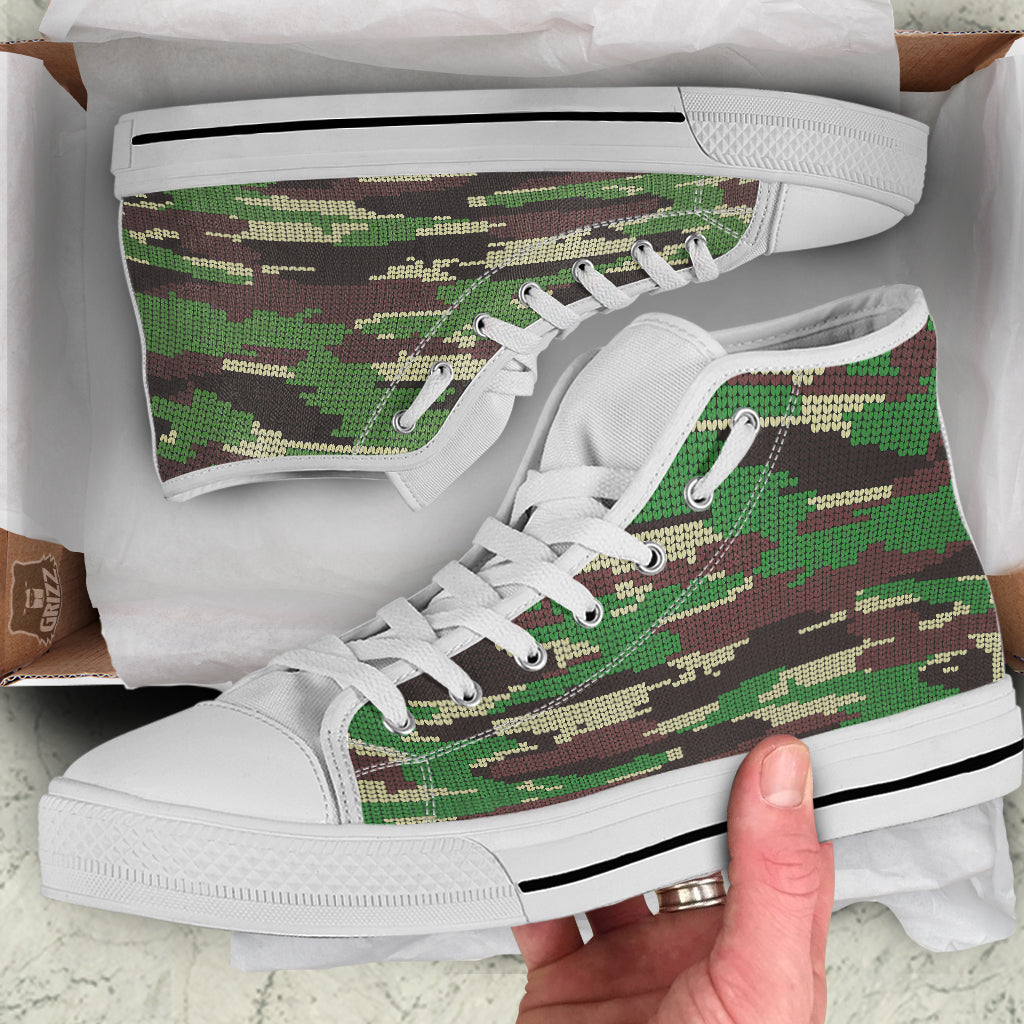 Knitted Army Camouflage Print Pattern White High Top Shoes-grizzshop