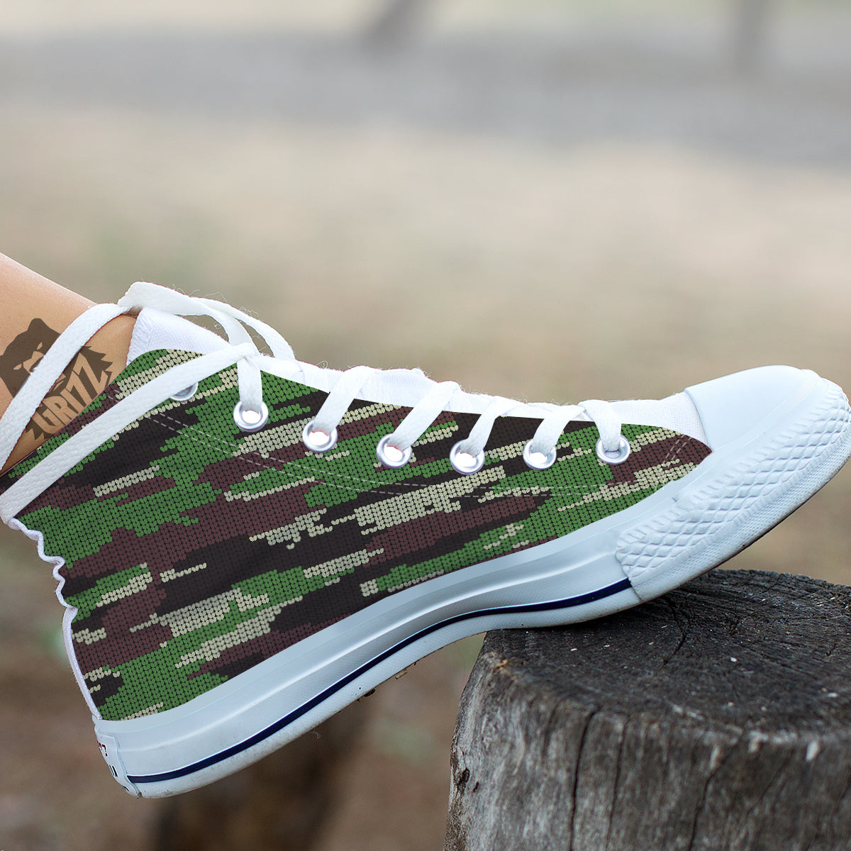 Knitted Army Camouflage Print Pattern White High Top Shoes-grizzshop