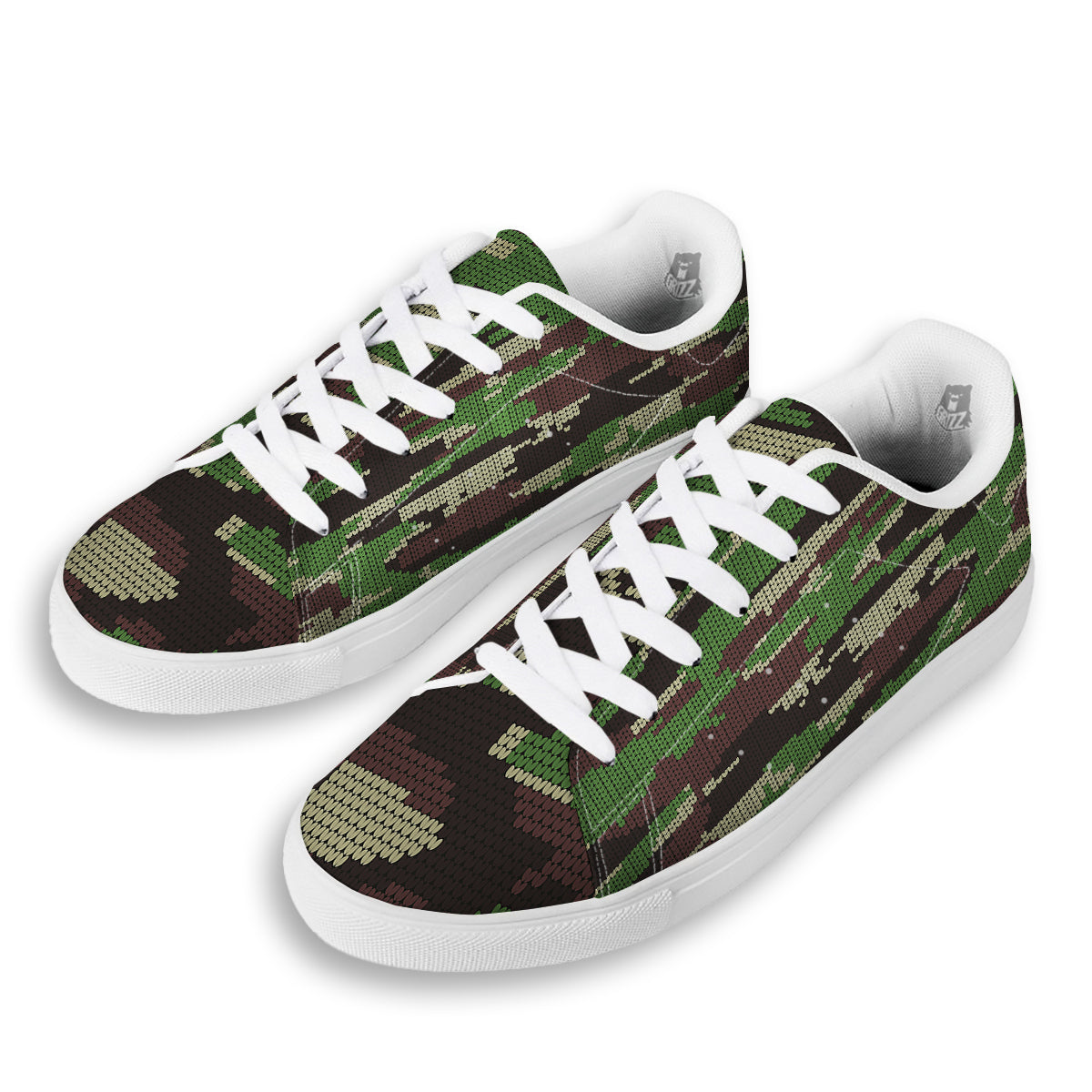 Knitted Army Camouflage Print Pattern White Low Top Sneakers-grizzshop