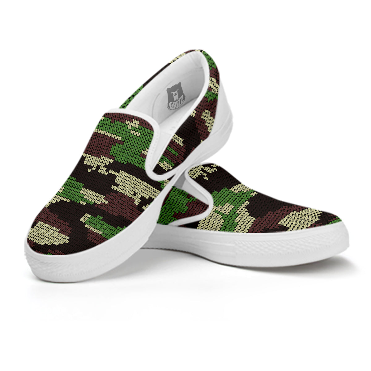 Knitted Army Camouflage Print Pattern White Slip On Shoes-grizzshop