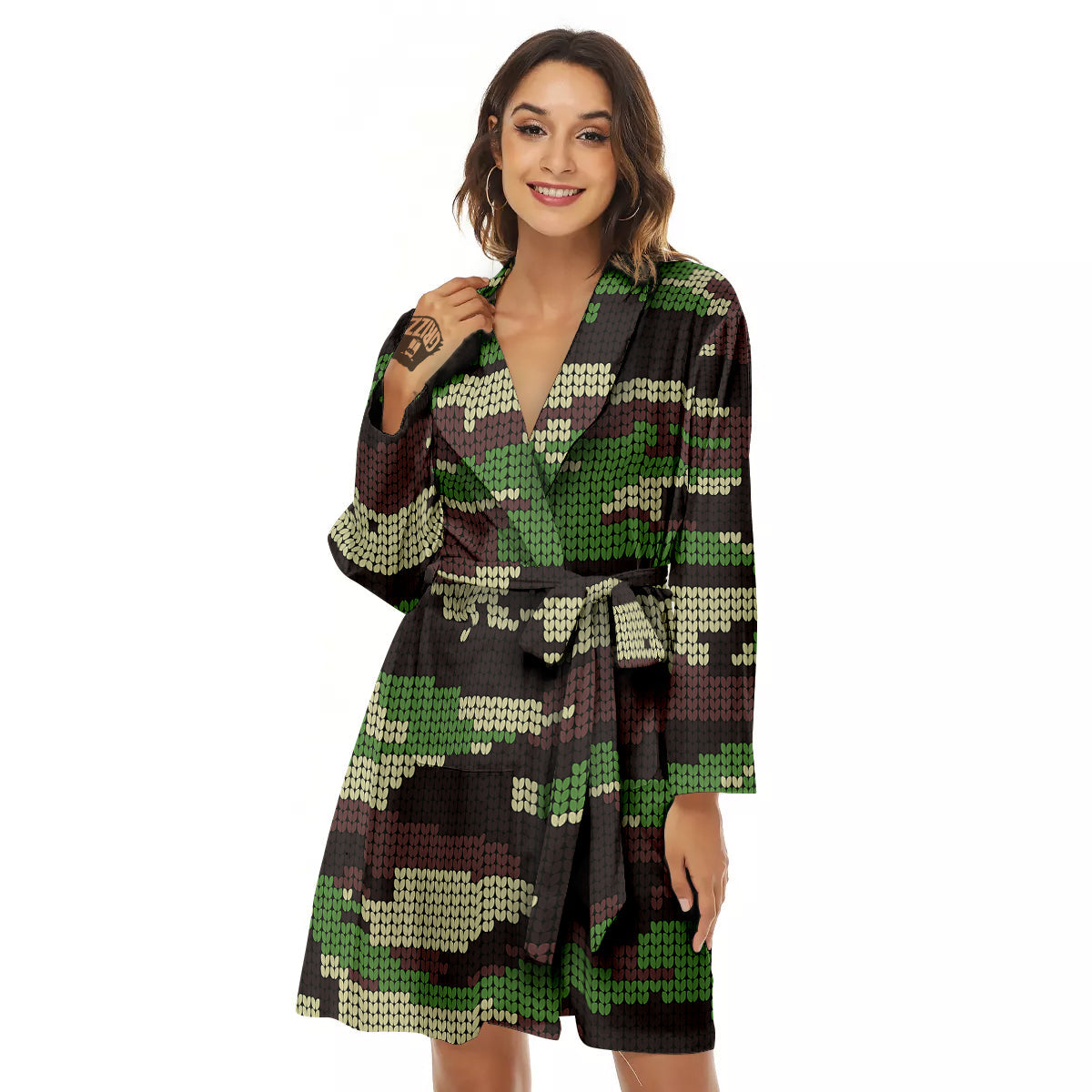 Knitted Army Camouflage Print Pattern Women's Robe-grizzshop
