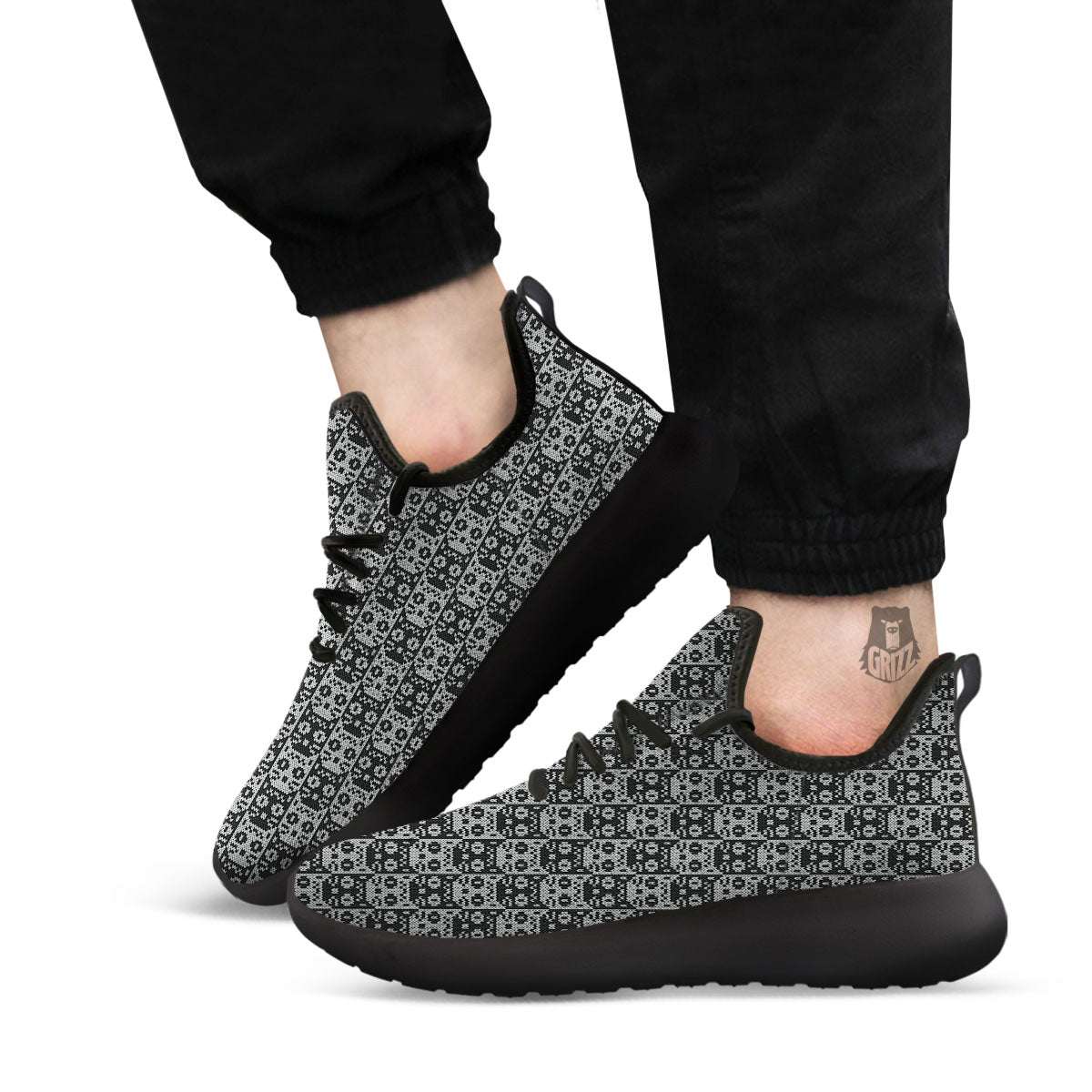 Knitted Black Cat Print Pattern Black Athletic Shoes-grizzshop