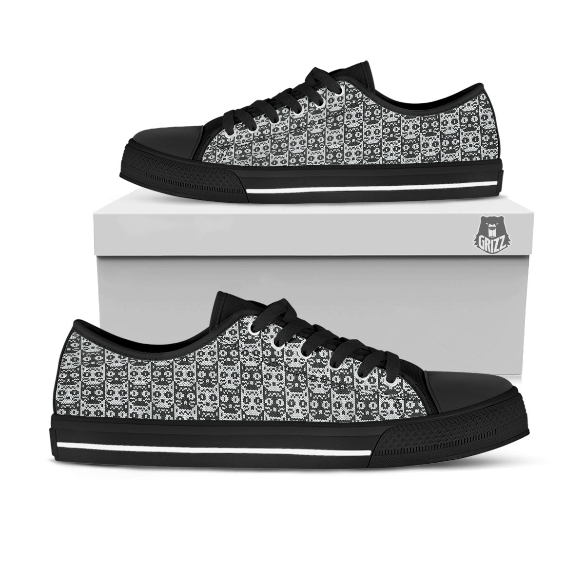 Knitted Black Cat Print Pattern Black Low Top Shoes-grizzshop