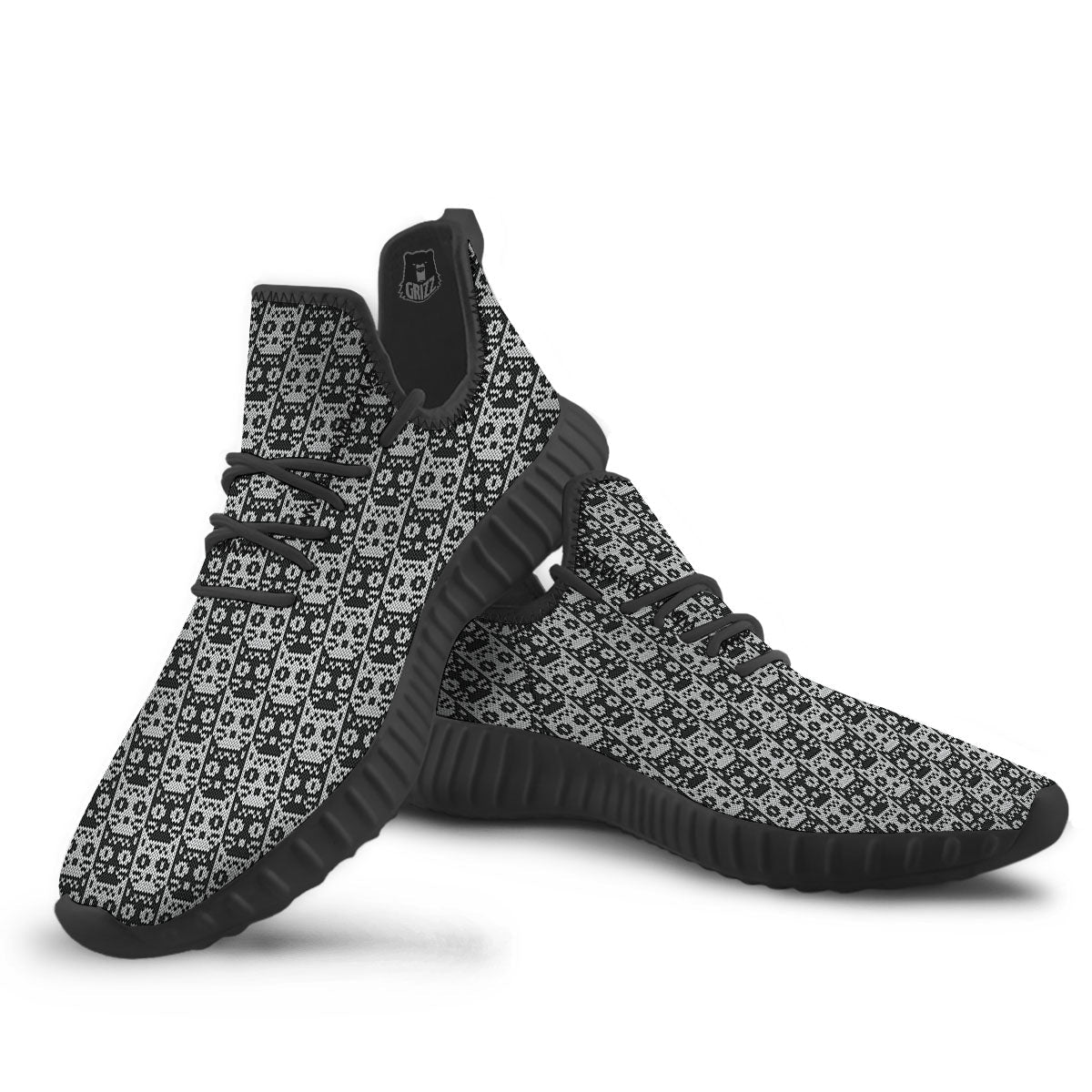Knitted Black Cat Print Pattern Black Walking Shoes-grizzshop