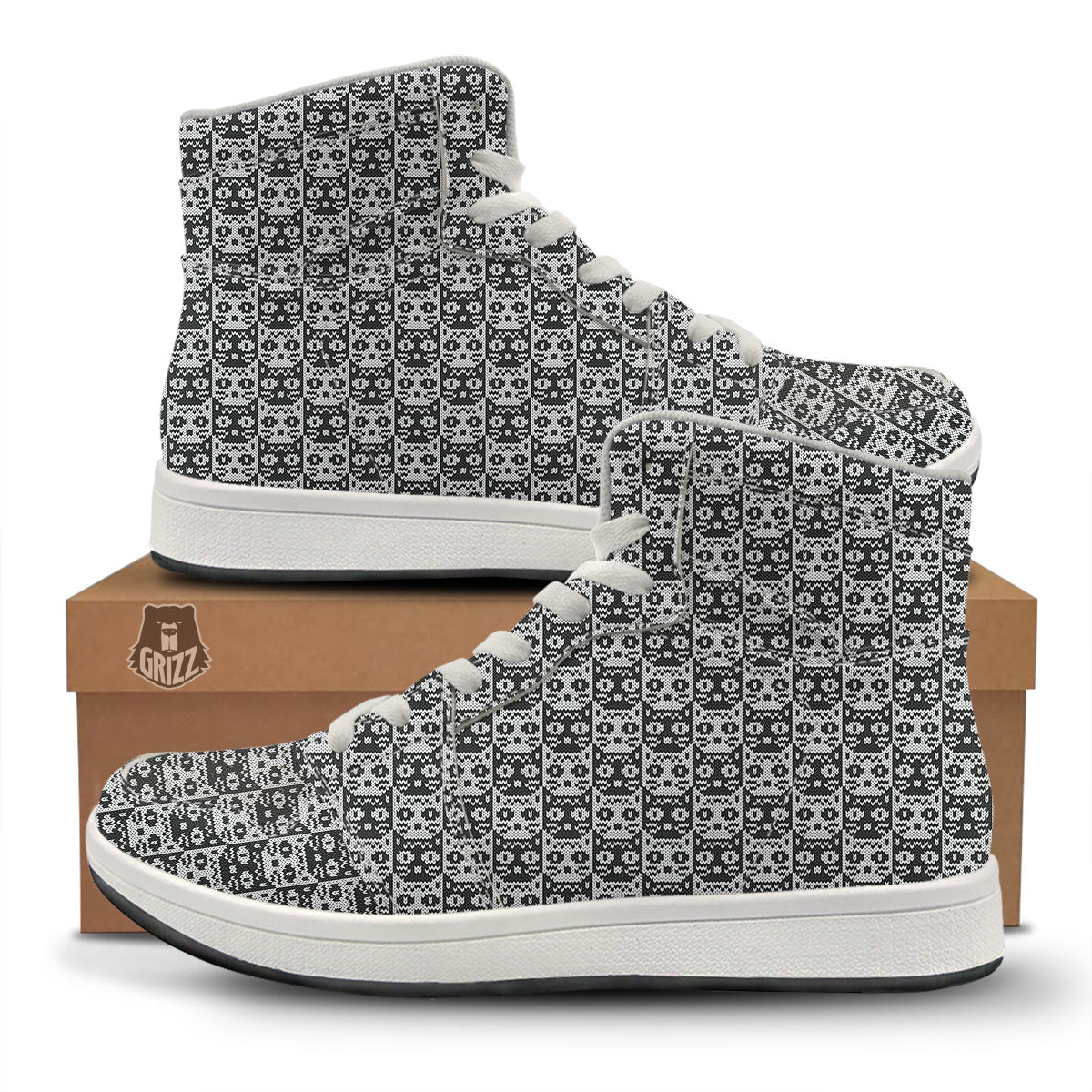 Knitted Black Cat Print Pattern High Top Sneakers-grizzshop