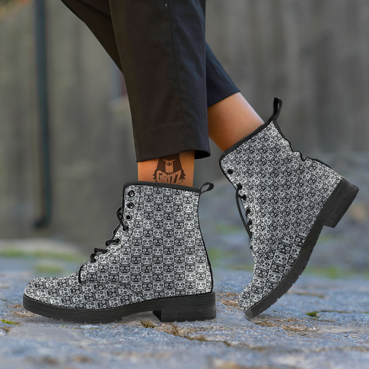 Knitted Black Cat Print Pattern Leather Boots-grizzshop